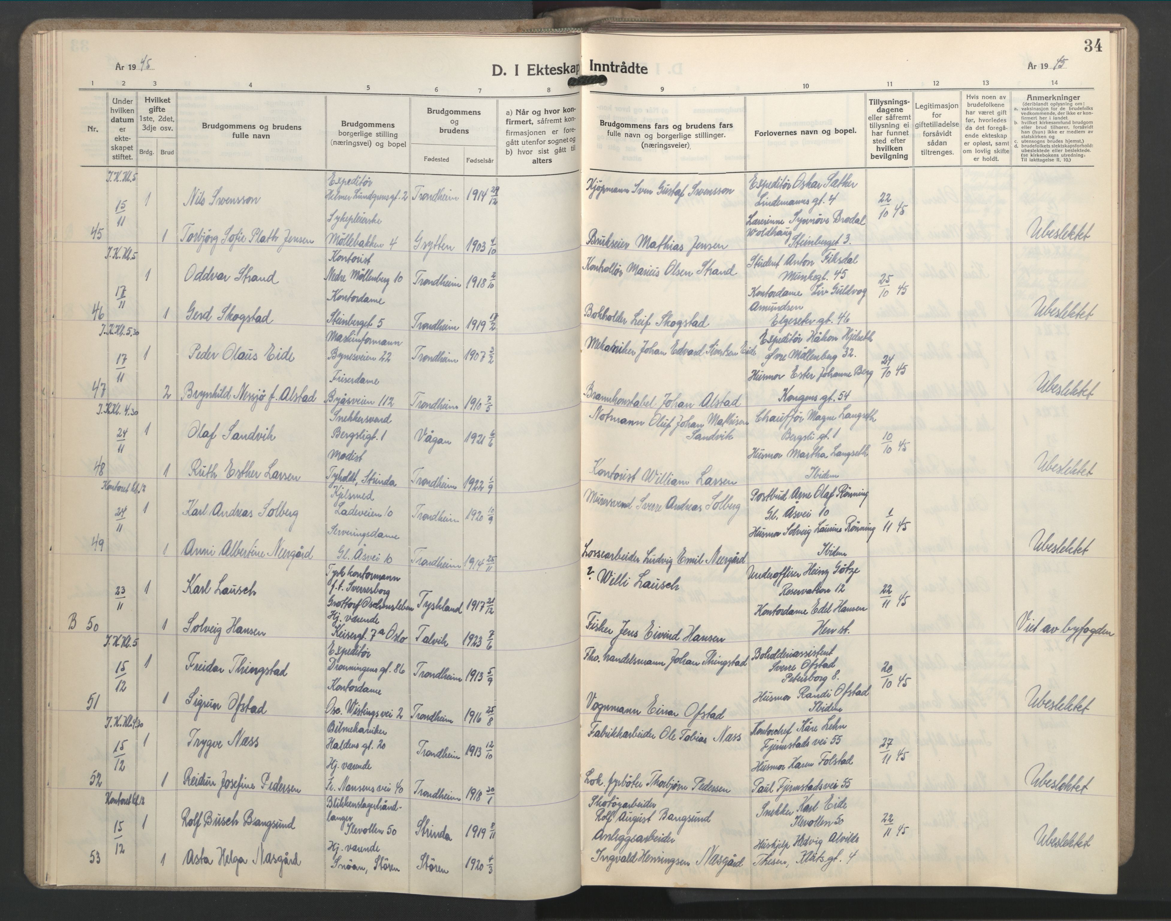 Ministerialprotokoller, klokkerbøker og fødselsregistre - Sør-Trøndelag, AV/SAT-A-1456/603/L0177: Parish register (copy) no. 603C05, 1941-1952, p. 34