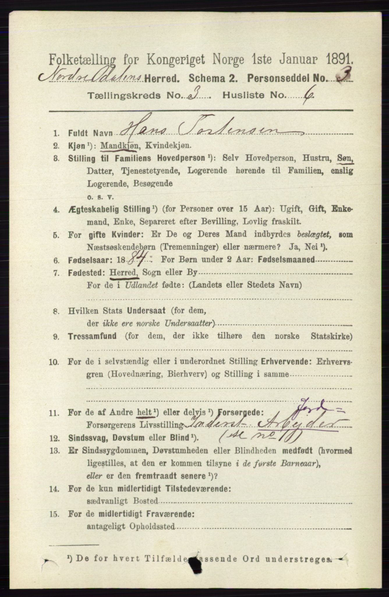 RA, 1891 census for 0418 Nord-Odal, 1891, p. 847