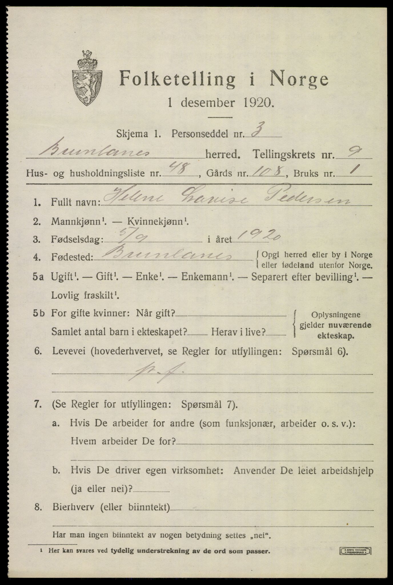 SAKO, 1920 census for Brunlanes, 1920, p. 8325
