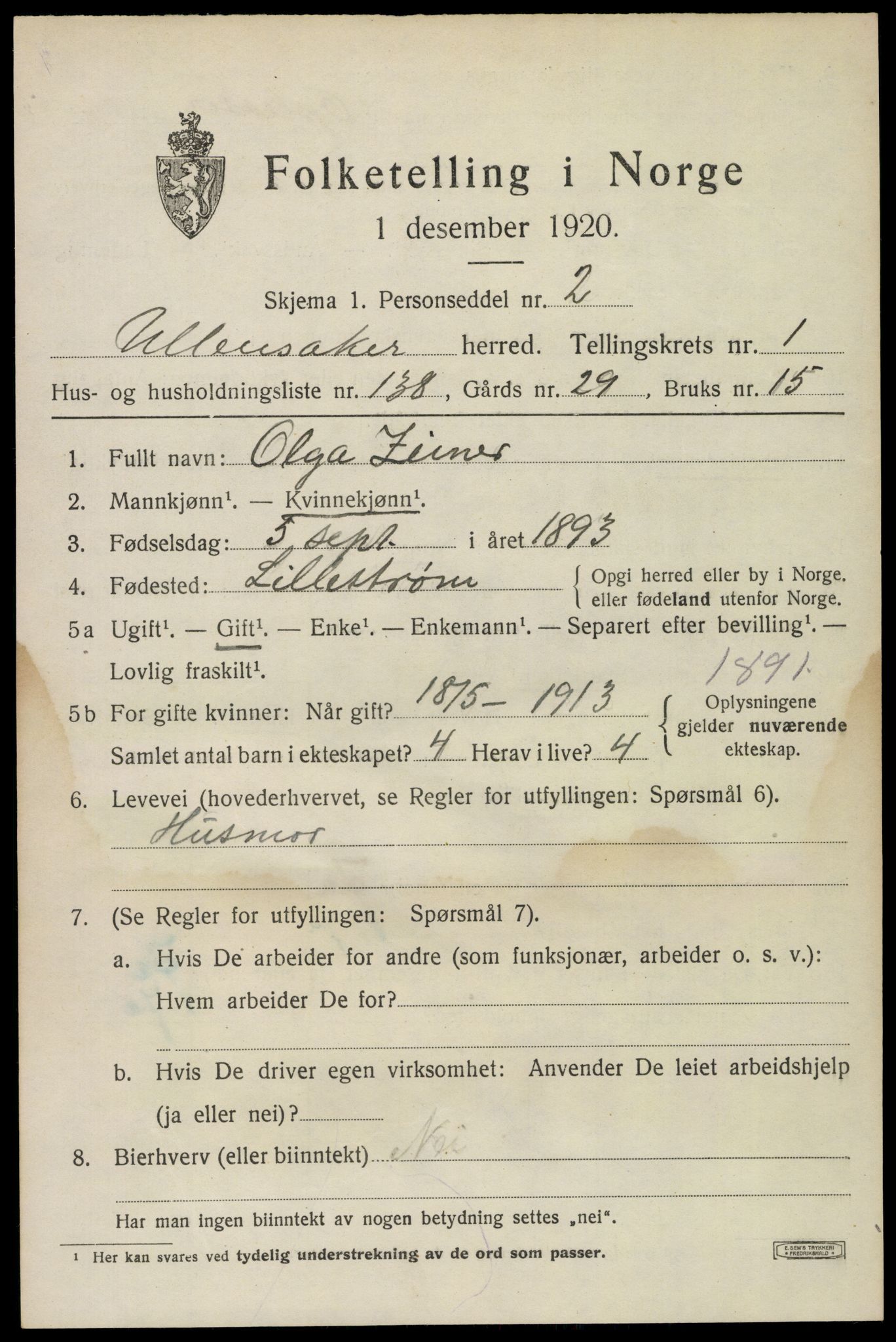 SAO, 1920 census for Ullensaker, 1920, p. 4185