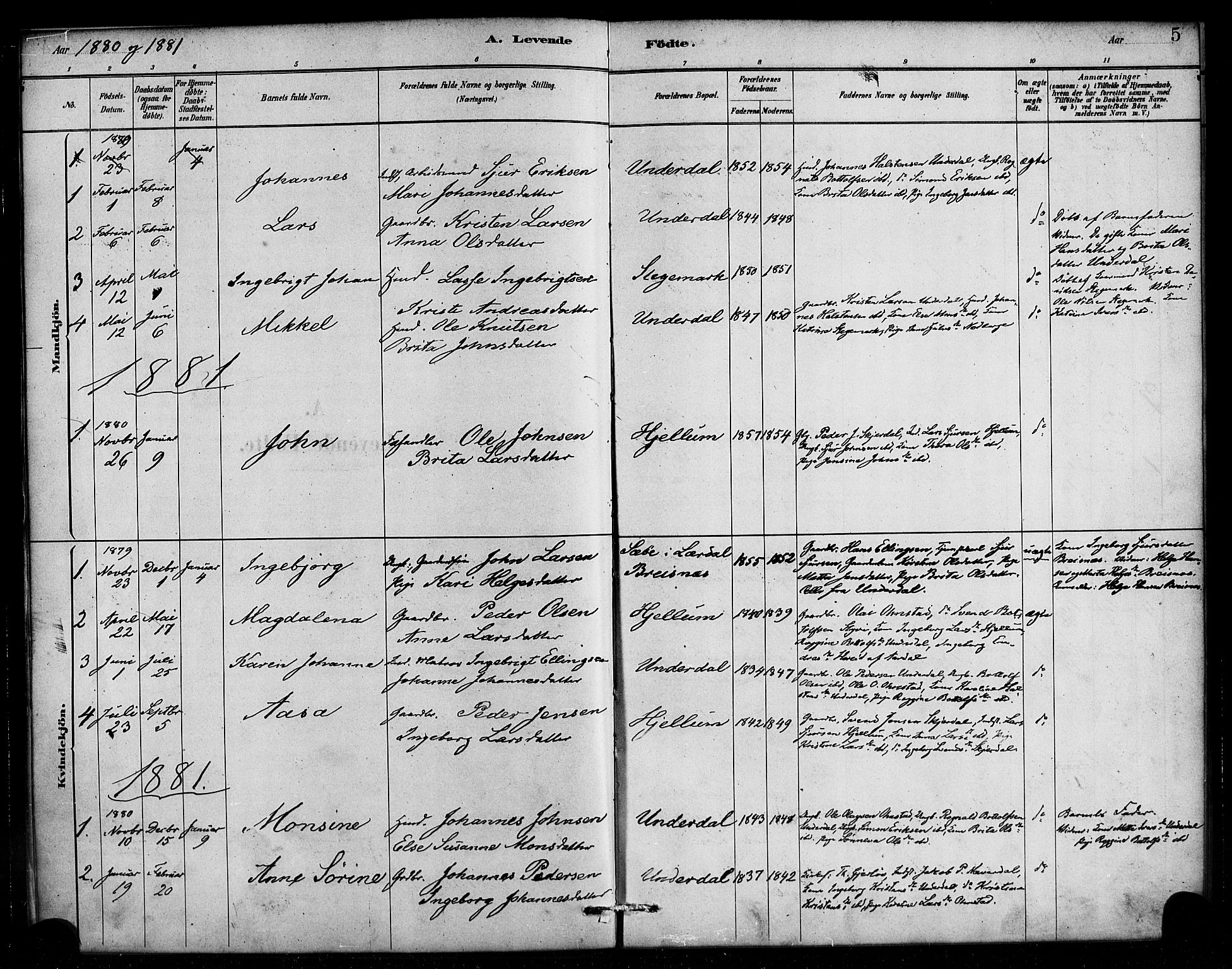 Aurland sokneprestembete, SAB/A-99937/H/Ha/Hae/L0001: Parish register (official) no. E 1, 1880-1907, p. 5