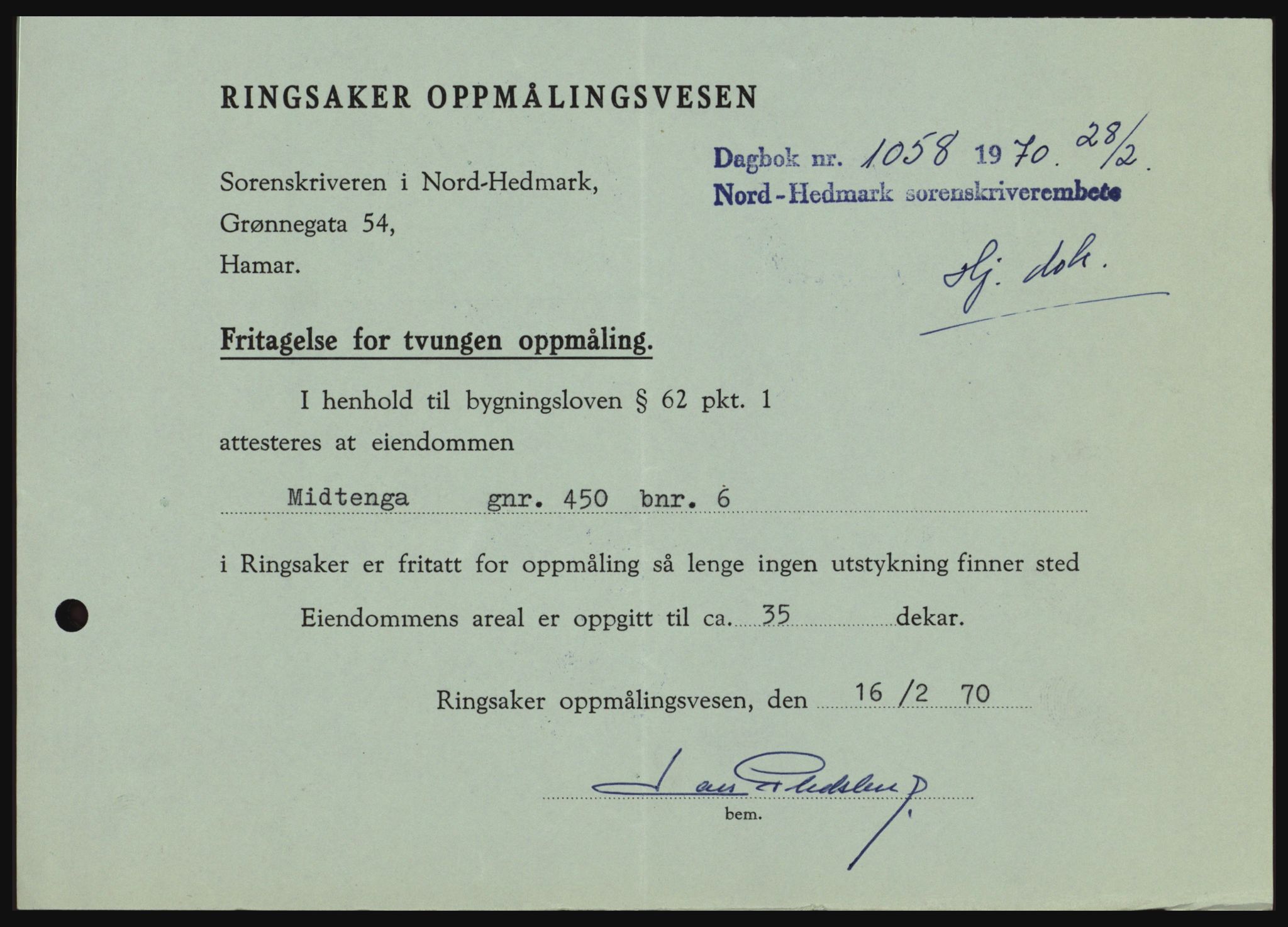 Nord-Hedmark sorenskriveri, SAH/TING-012/H/Hc/L0033: Mortgage book no. 33, 1970-1970, Diary no: : 1058/1970