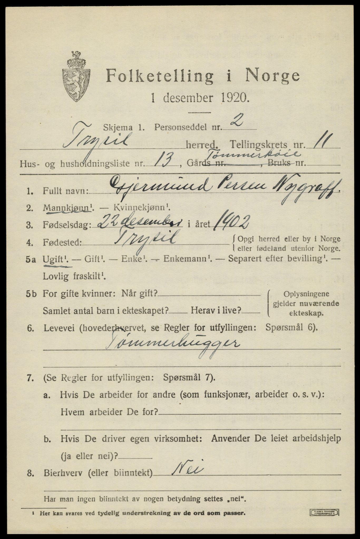 SAH, 1920 census for Trysil, 1920, p. 7105