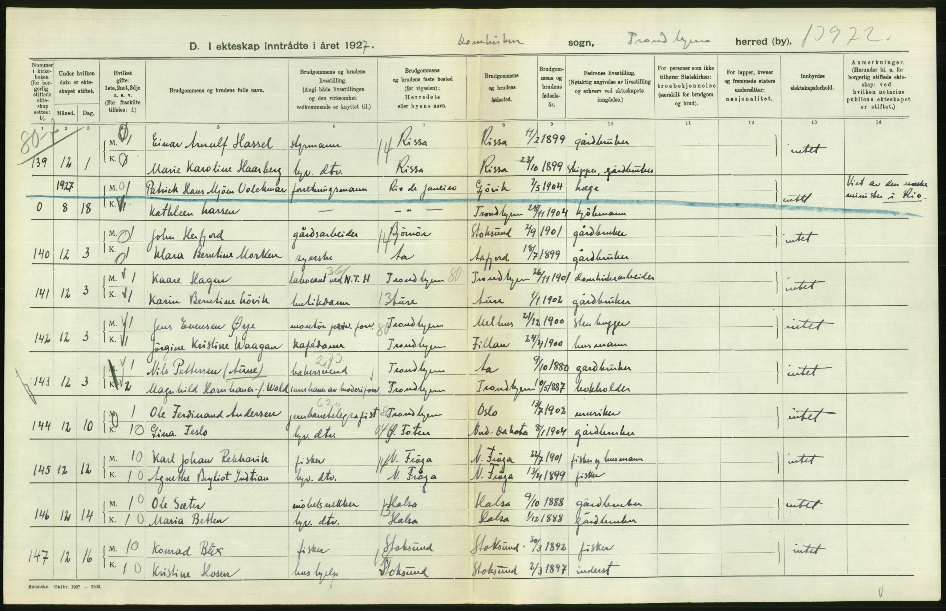 Statistisk sentralbyrå, Sosiodemografiske emner, Befolkning, AV/RA-S-2228/D/Df/Dfc/Dfcg/L0037: Trondheim: Levendefødte menn og kvinner, gifte, døde, dødfødte., 1927, p. 370