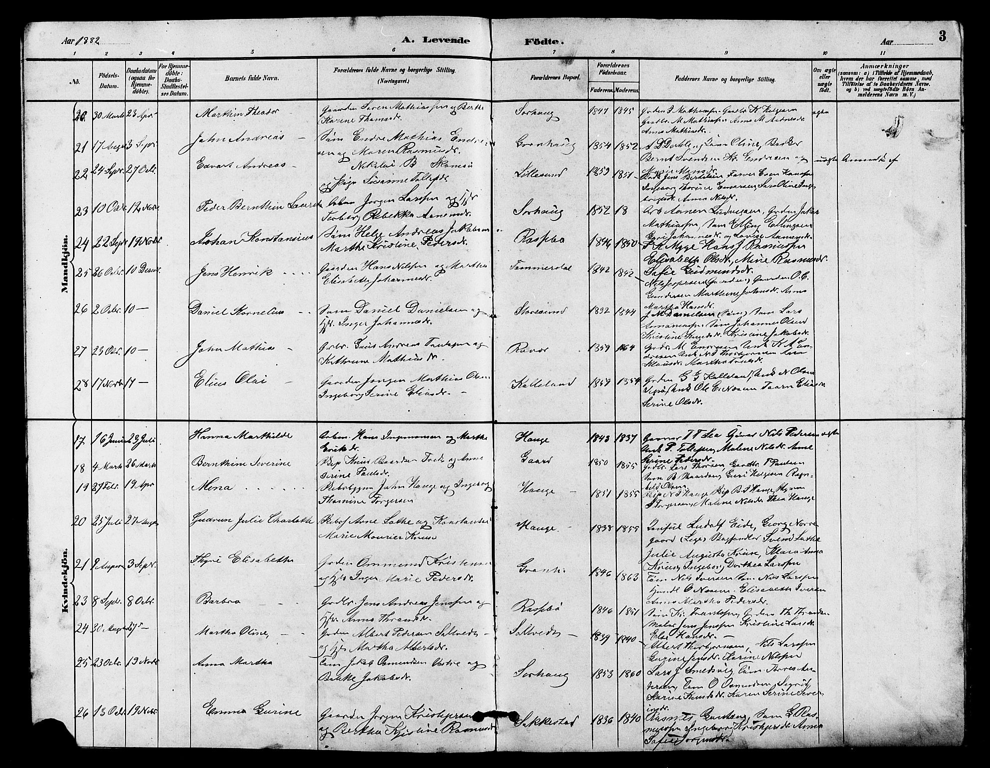 Haugesund sokneprestkontor, AV/SAST-A -101863/H/Ha/Hab/L0003: Parish register (copy) no. B 3, 1882-1889, p. 3