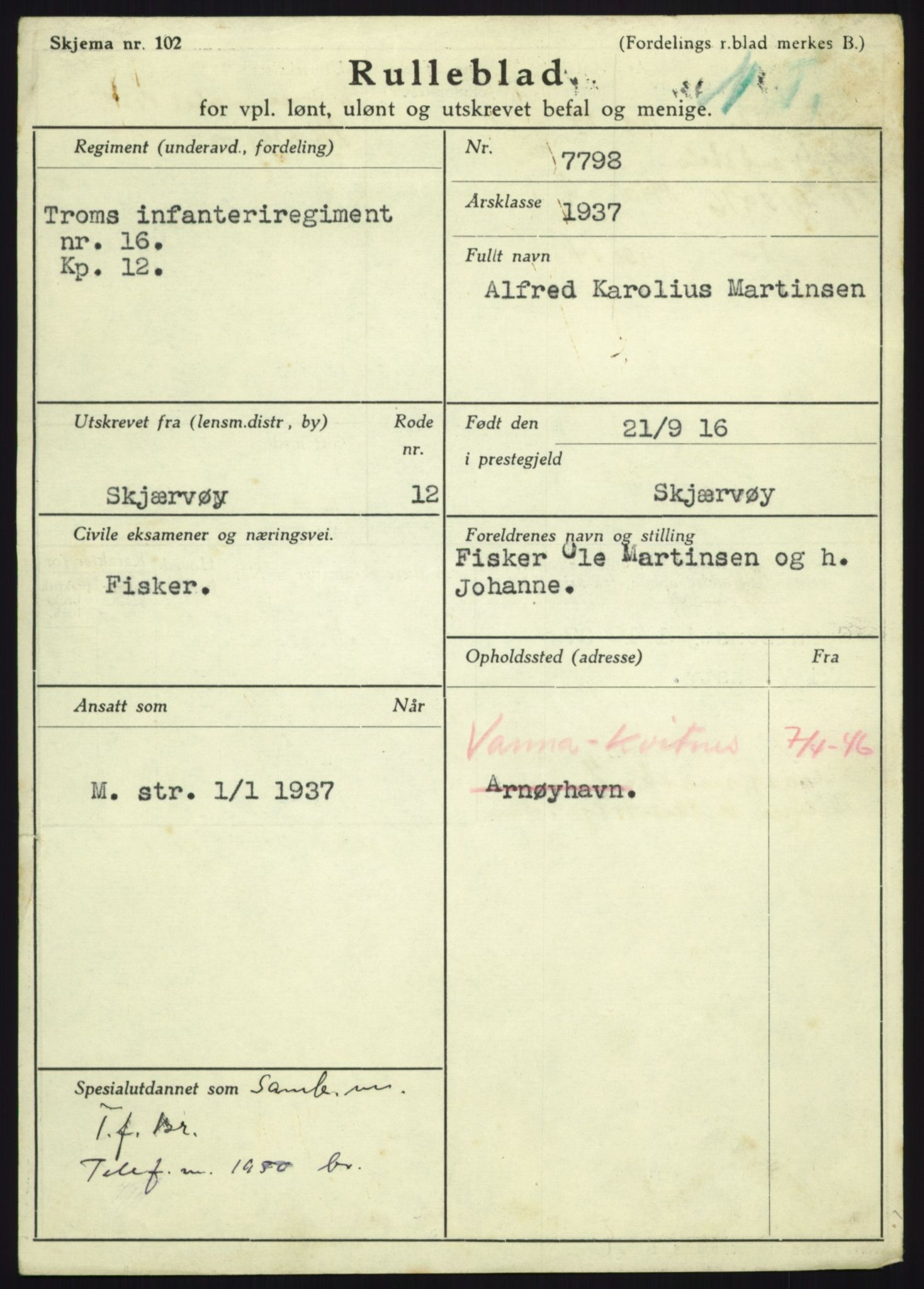 Forsvaret, Troms infanteriregiment nr. 16, AV/RA-RAFA-3146/P/Pa/L0021: Rulleblad for regimentets menige mannskaper, årsklasse 1937, 1937, p. 747