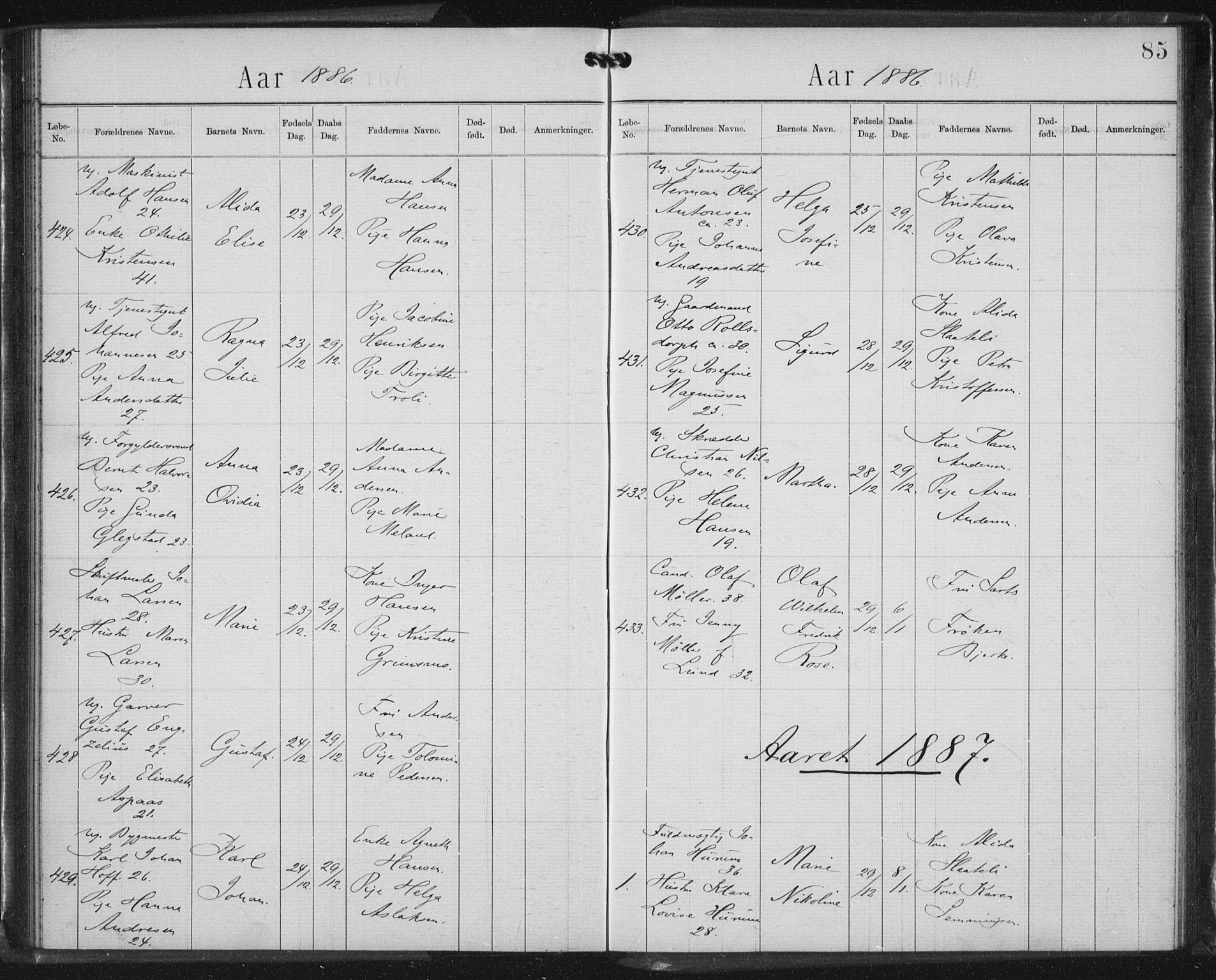 Rikshospitalet prestekontor Kirkebøker, AV/SAO-A-10309b/K/L0003/0002: Baptism register no. 3.2, 1884-1889, p. 85