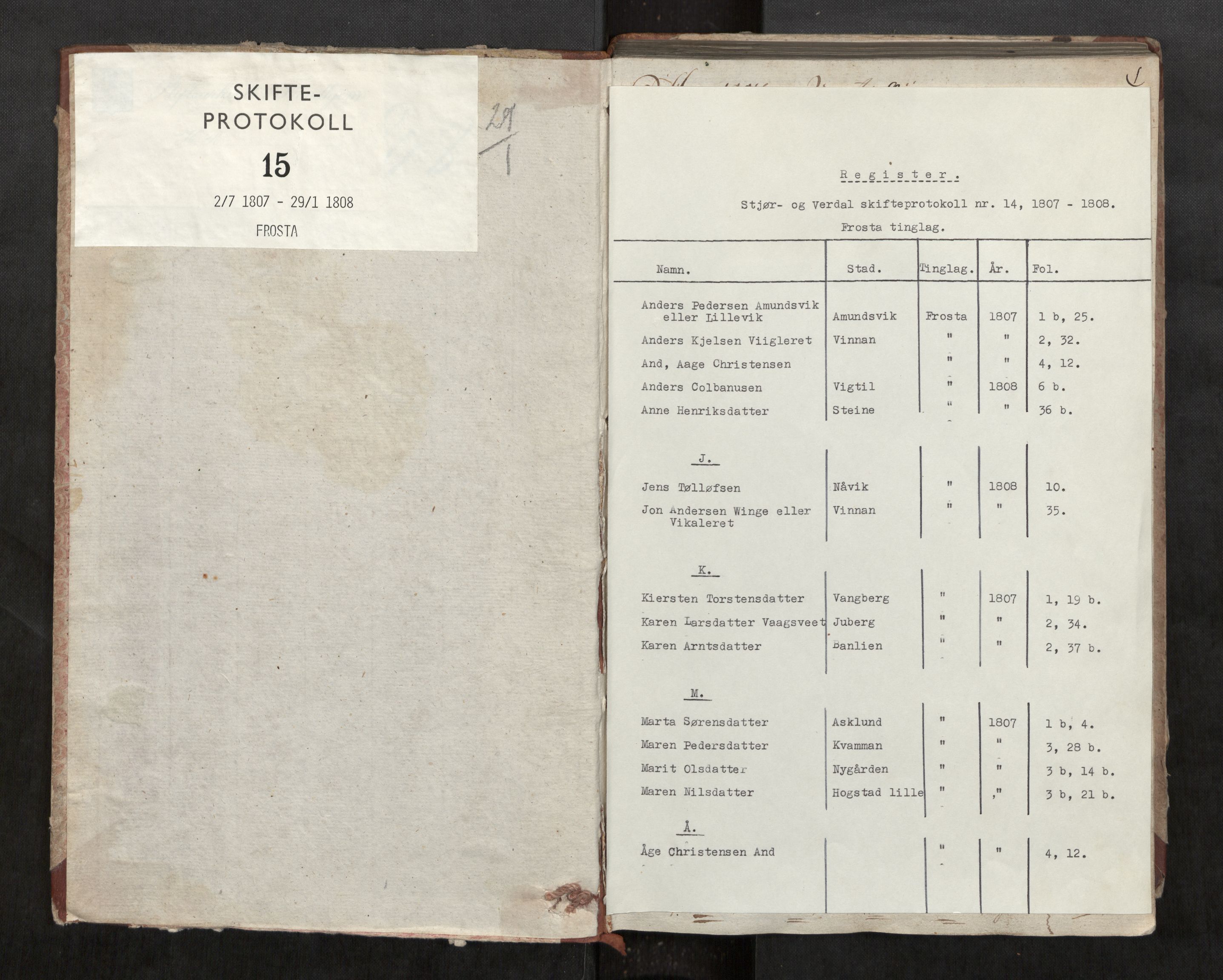 Stjør- og Verdal sorenskriveri, AV/SAT-A-4167/1/3/3A/L0020: Skifteprotokoll 15, 1807-1808