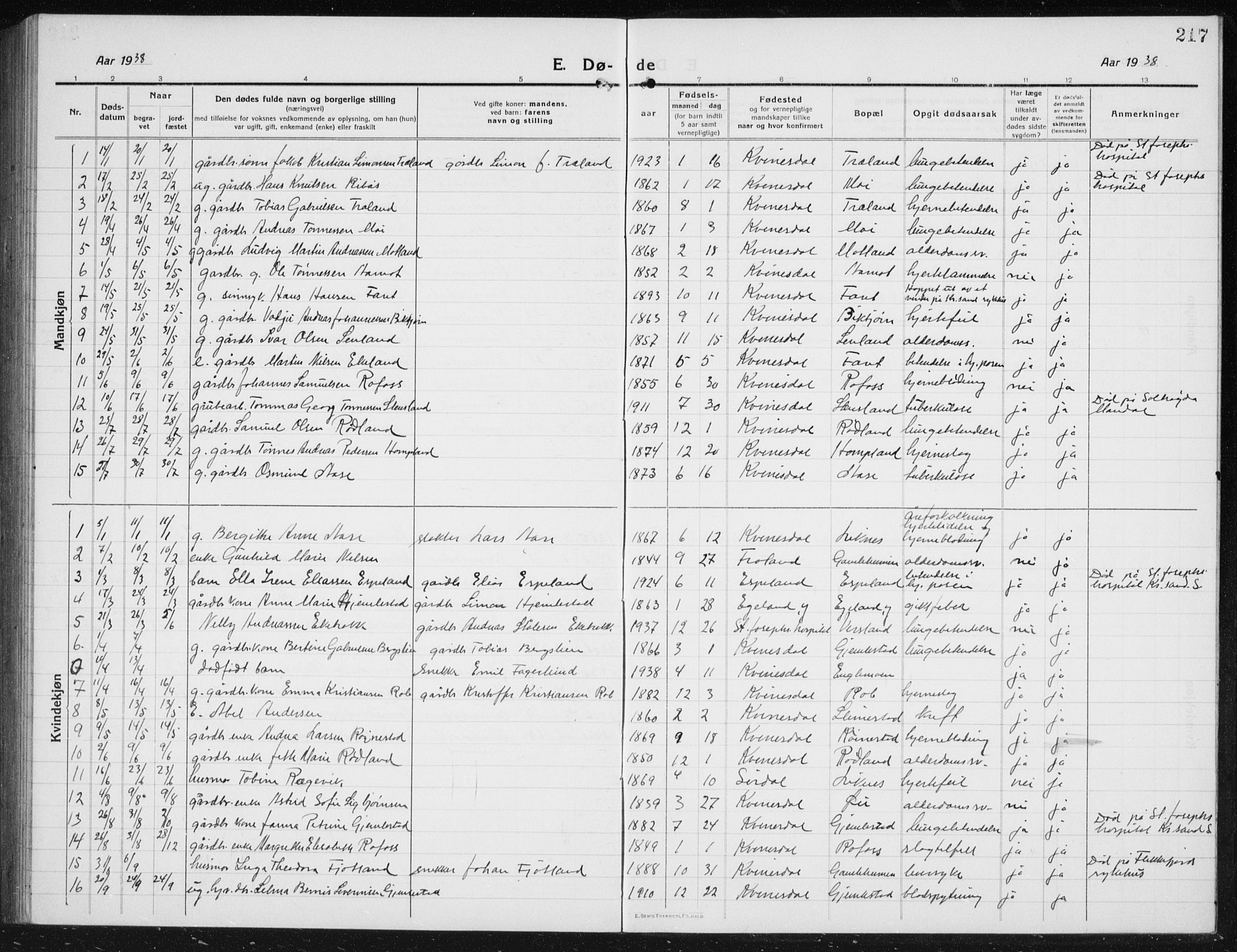 Kvinesdal sokneprestkontor, SAK/1111-0026/F/Fb/Fbb/L0004: Parish register (copy) no. B 4, 1917-1938, p. 217