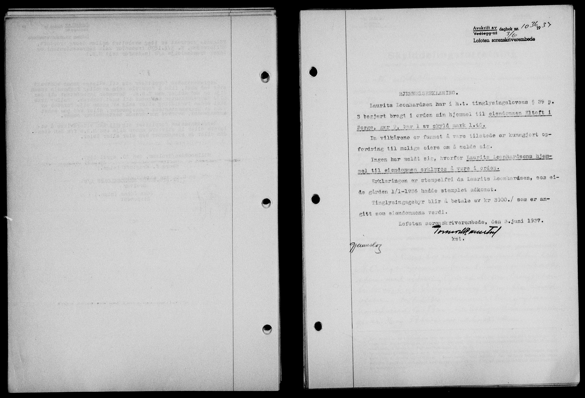 Lofoten sorenskriveri, SAT/A-0017/1/2/2C/L0002a: Mortgage book no. 2a, 1937-1937, Diary no: : 1036/1937