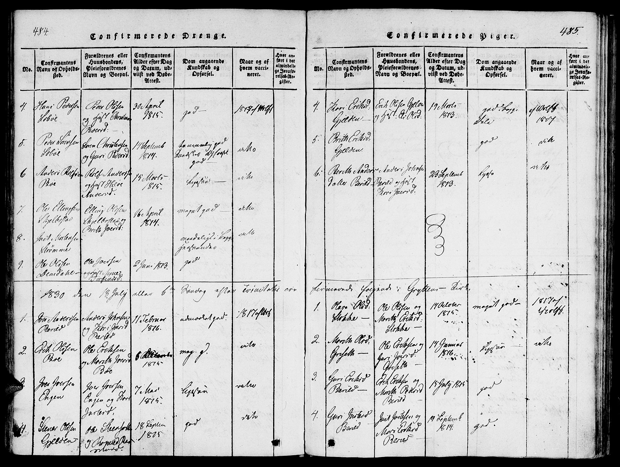 Ministerialprotokoller, klokkerbøker og fødselsregistre - Møre og Romsdal, SAT/A-1454/543/L0561: Parish register (official) no. 543A01, 1818-1853, p. 484-485