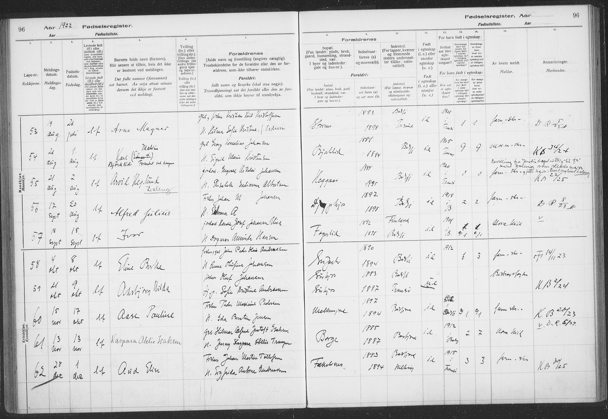Balsfjord sokneprestembete, SATØ/S-1303/H/Hb/L0059: Birth register no. 59, 1916-1930, p. 96