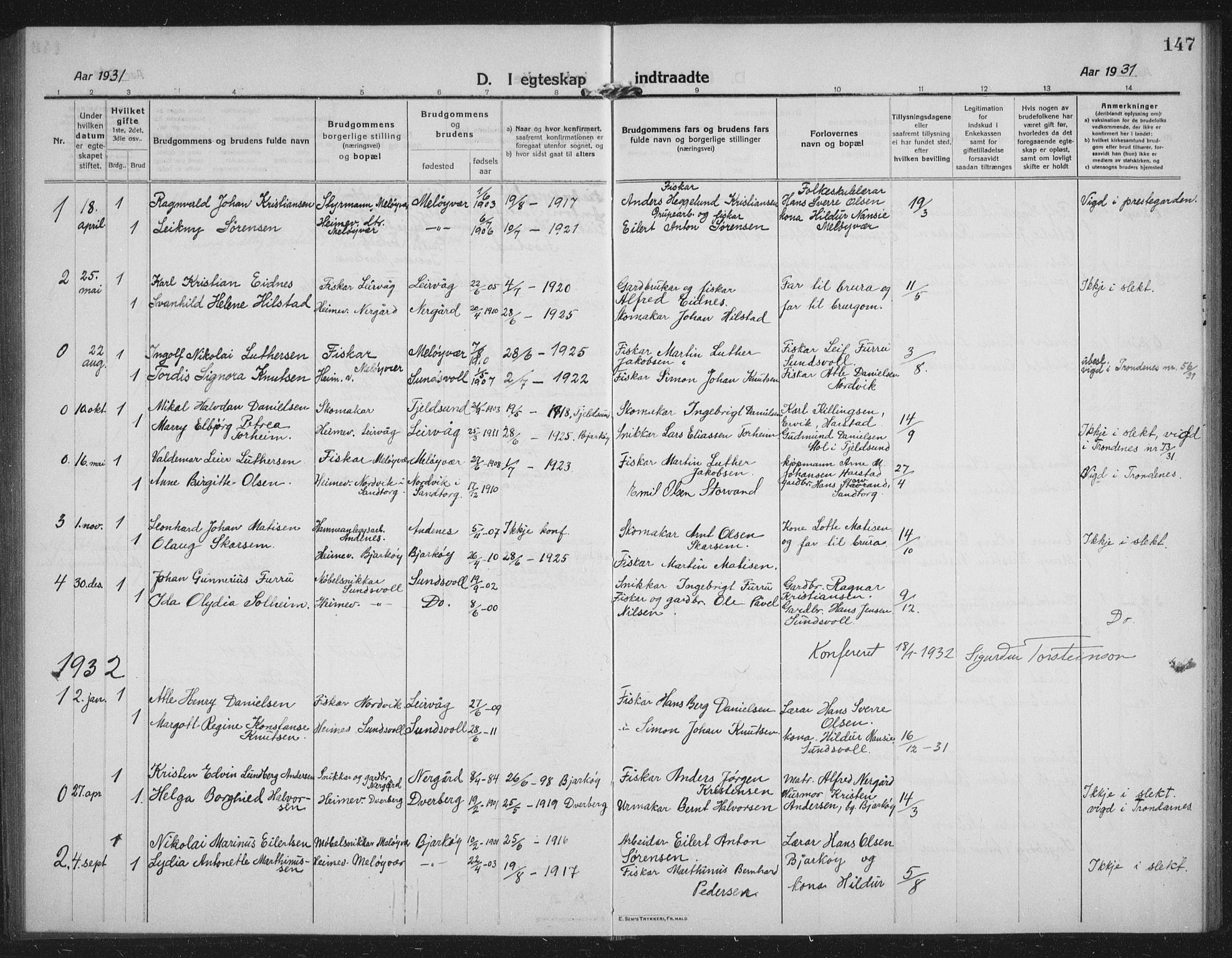 Sand/Bjarkøy sokneprestkontor, AV/SATØ-S-0811/I/Ia/Iab/L0005klokker: Parish register (copy) no. 5, 1919-1937, p. 147