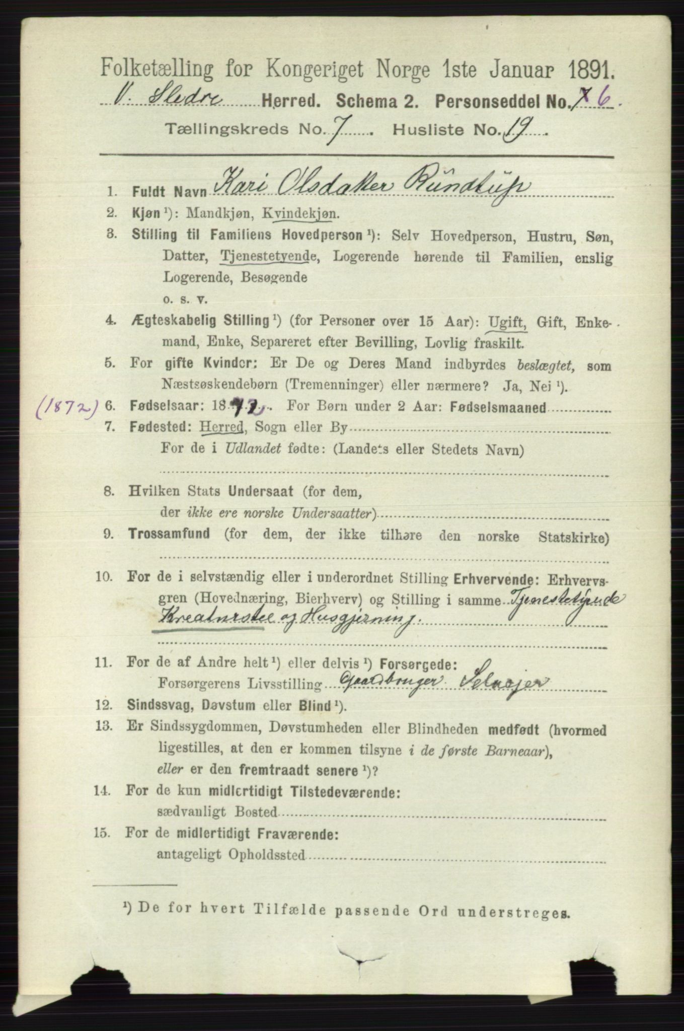 RA, 1891 census for 0543 Vestre Slidre, 1891, p. 2695