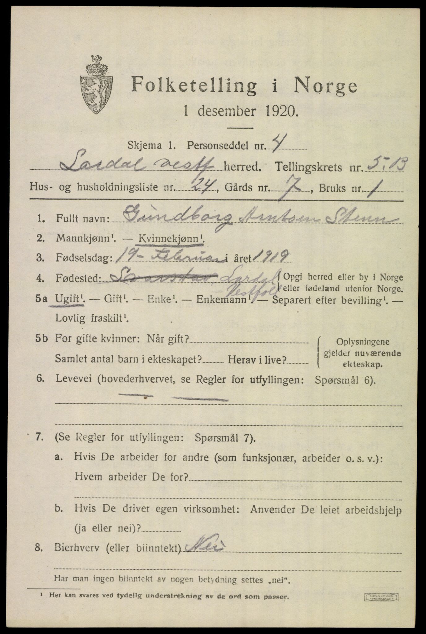 SAKO, 1920 census for Lardal, 1920, p. 5543