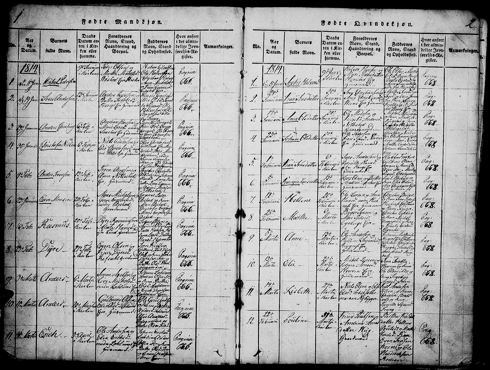 Stange prestekontor, AV/SAH-PREST-002/K/L0008: Parish register (official) no. 8, 1814-1825, p. 1-2