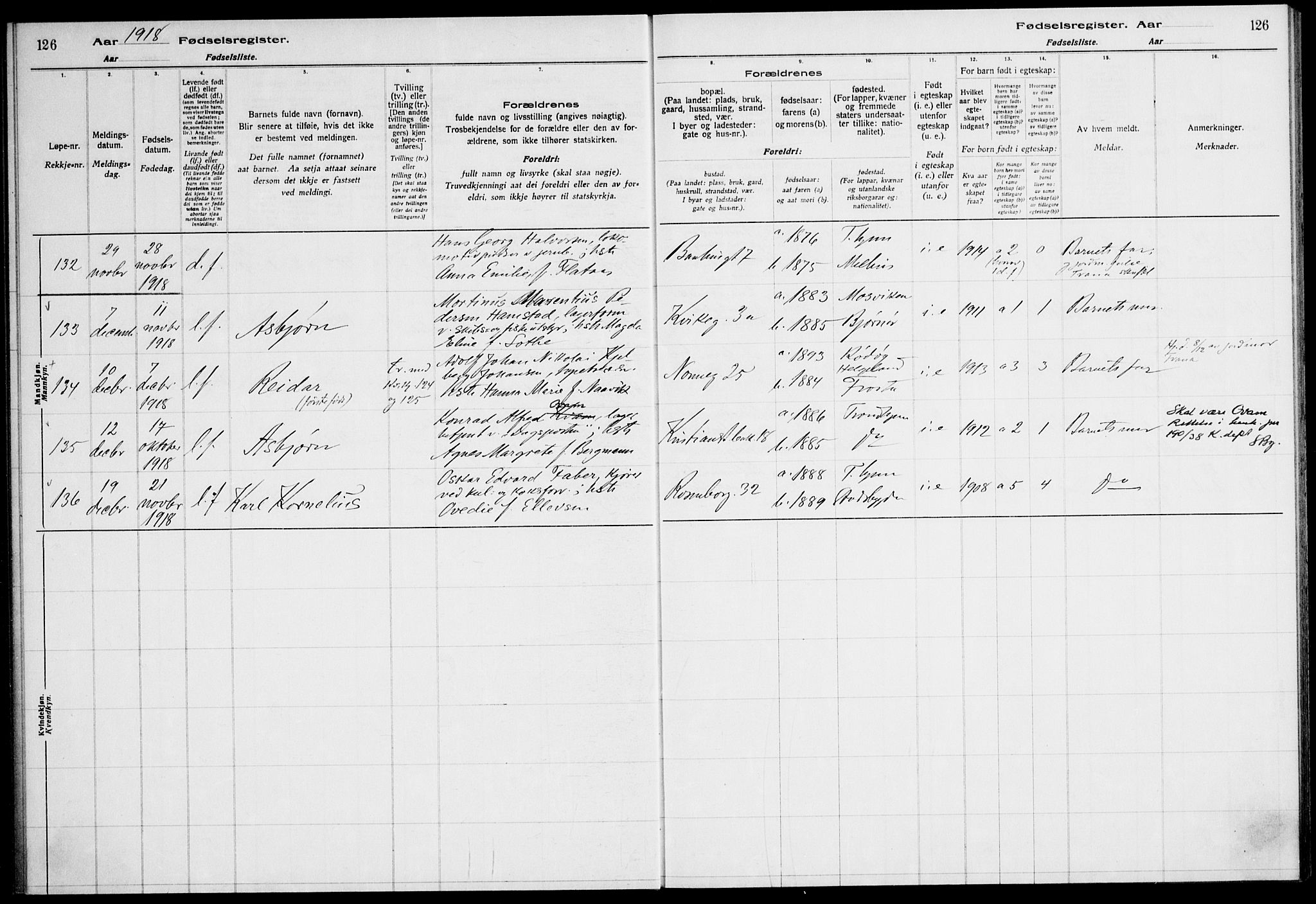Ministerialprotokoller, klokkerbøker og fødselsregistre - Sør-Trøndelag, SAT/A-1456/604/L0232: Birth register no. 604.II.4.1, 1916-1920, p. 126