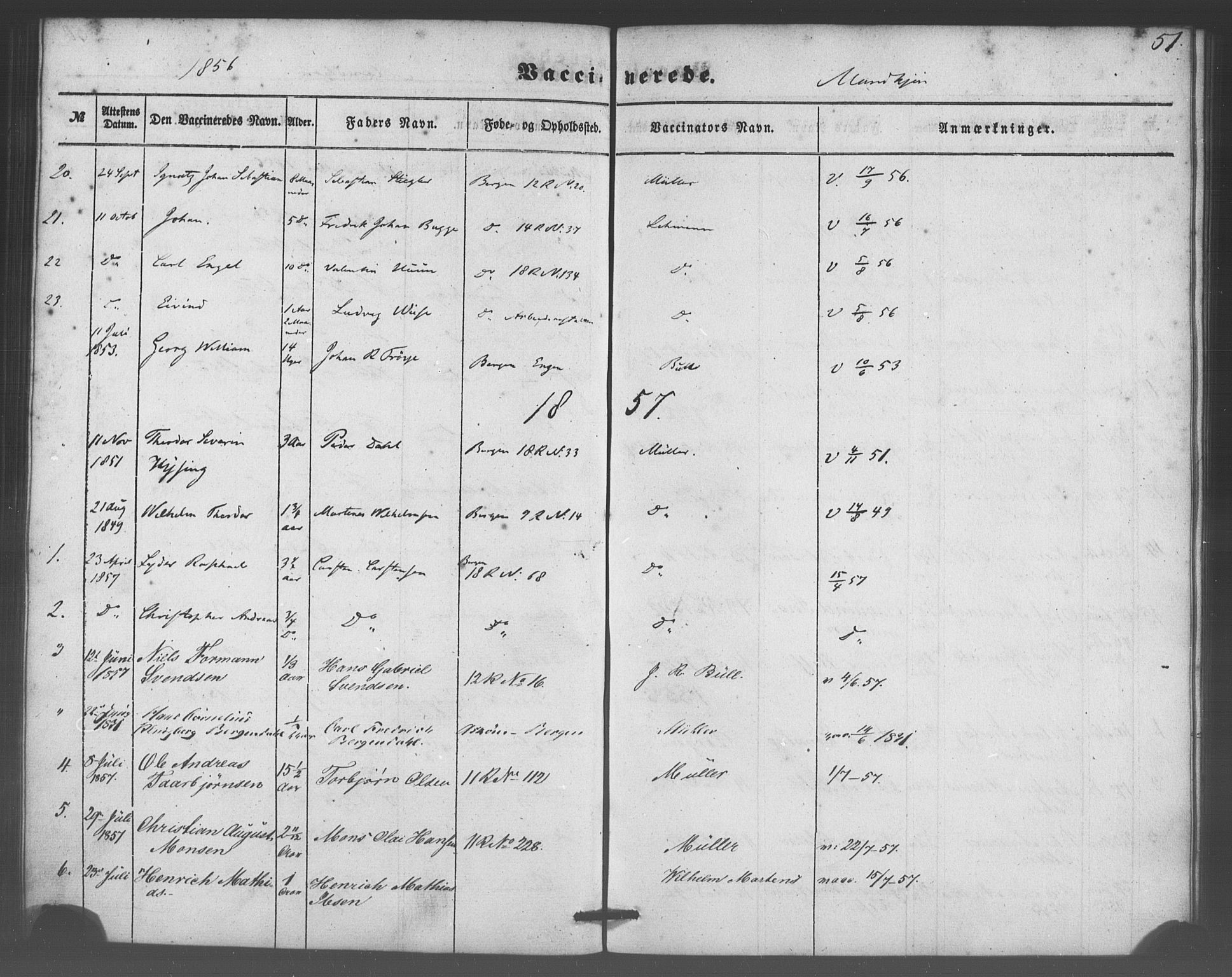 Domkirken sokneprestembete, SAB/A-74801/H/Haa/L0047: Parish register (official) no. F 2, 1852-1868, p. 51