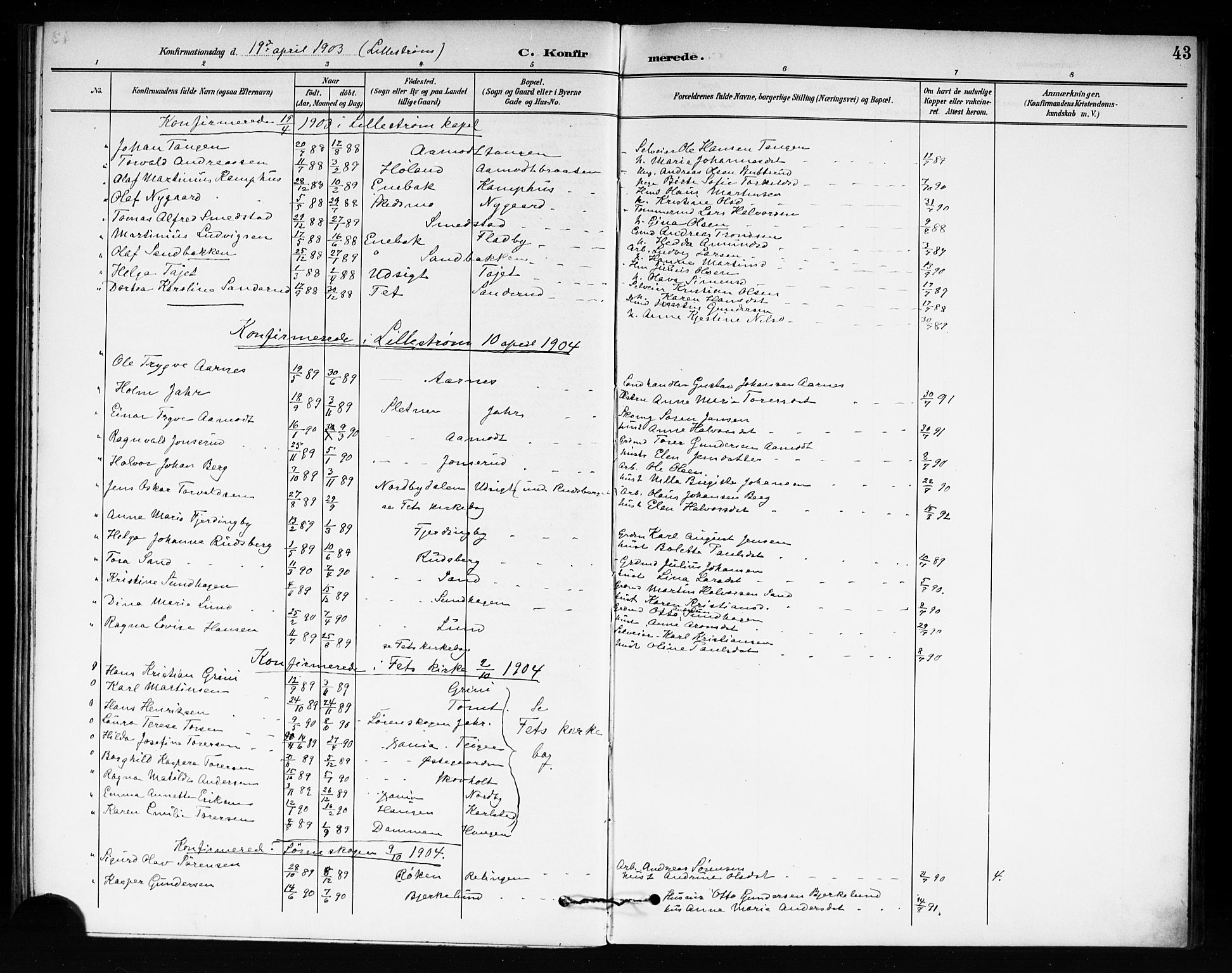 Fet prestekontor Kirkebøker, SAO/A-10370a/F/Fb/L0002: Parish register (official) no. II 2, 1892-1904, p. 43