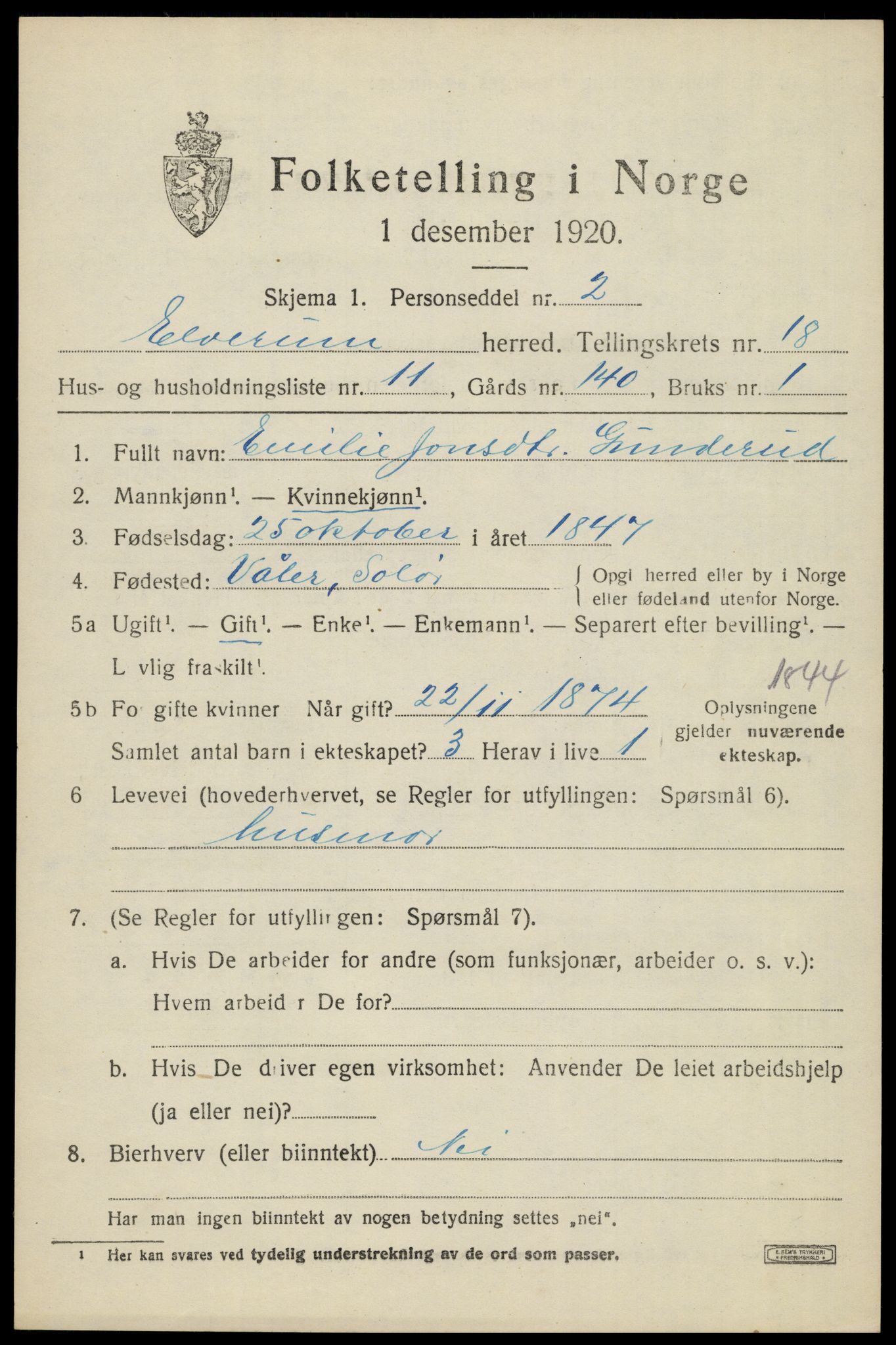 SAH, 1920 census for Elverum, 1920, p. 22202