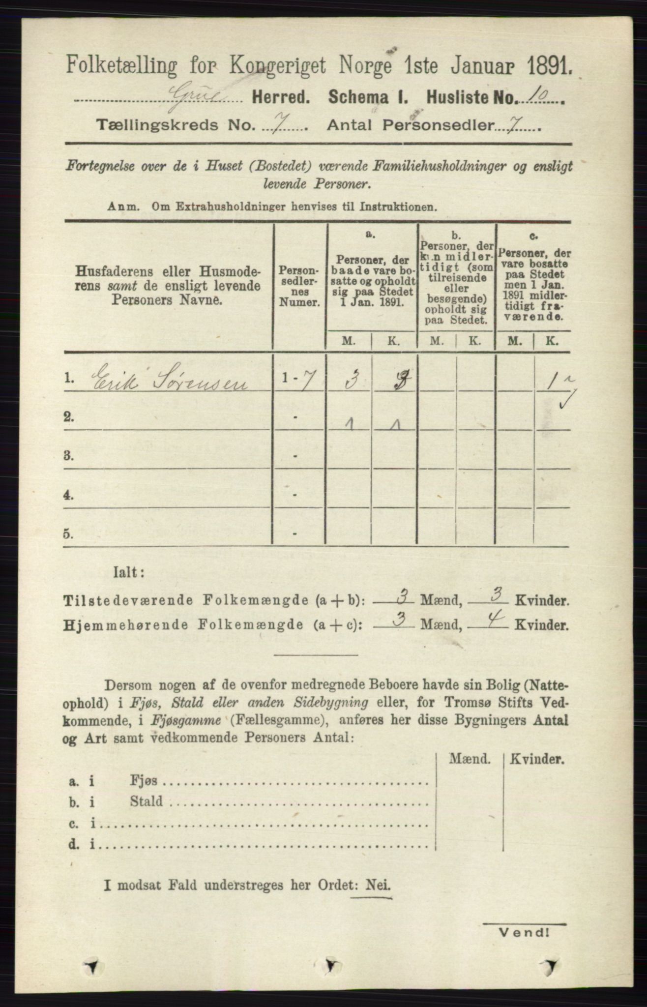 RA, 1891 census for 0423 Grue, 1891, p. 3459