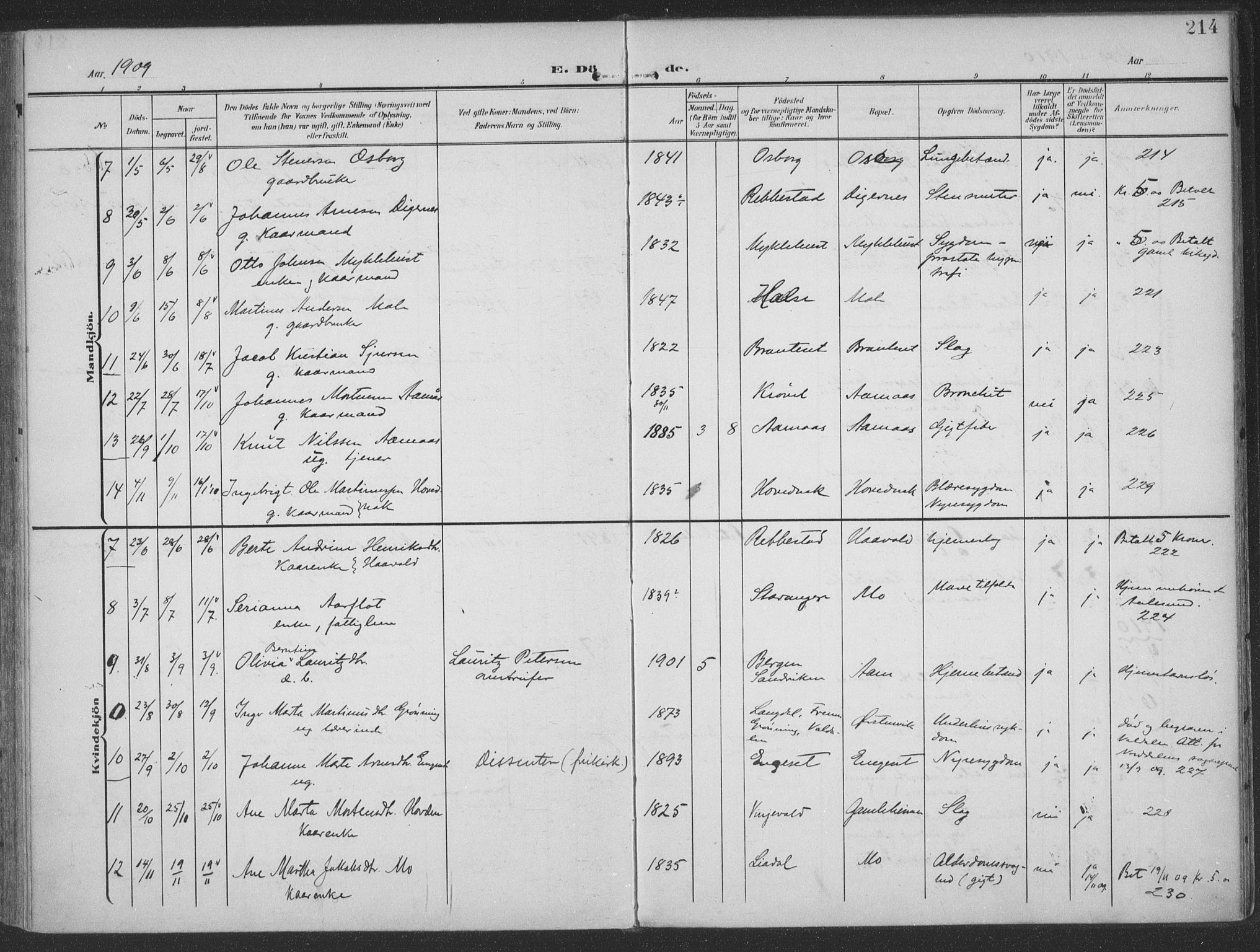Ministerialprotokoller, klokkerbøker og fødselsregistre - Møre og Romsdal, SAT/A-1454/513/L0178: Parish register (official) no. 513A05, 1906-1919, p. 214