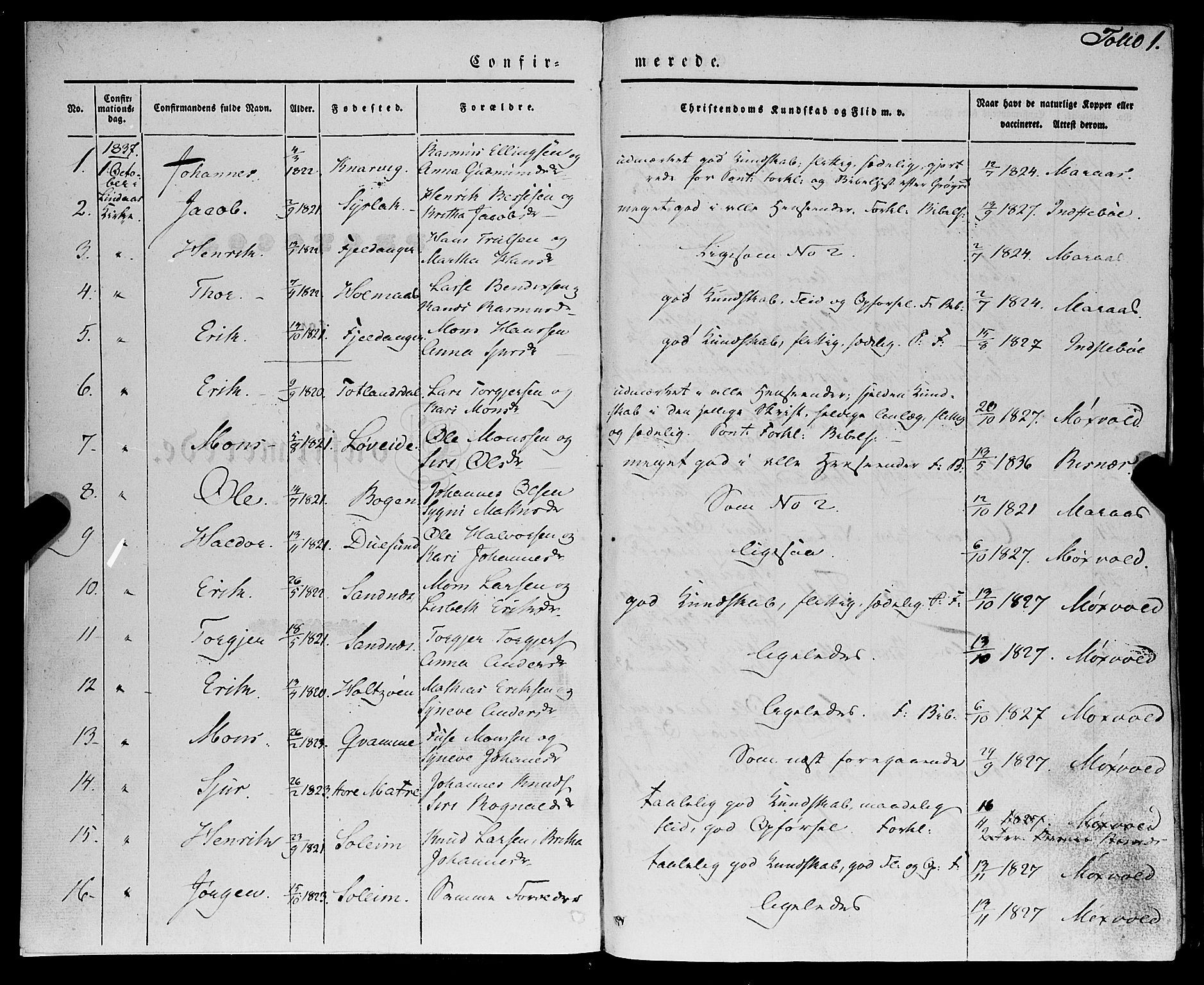 Lindås Sokneprestembete, SAB/A-76701/H/Haa: Parish register (official) no. A 12, 1836-1848, p. 1