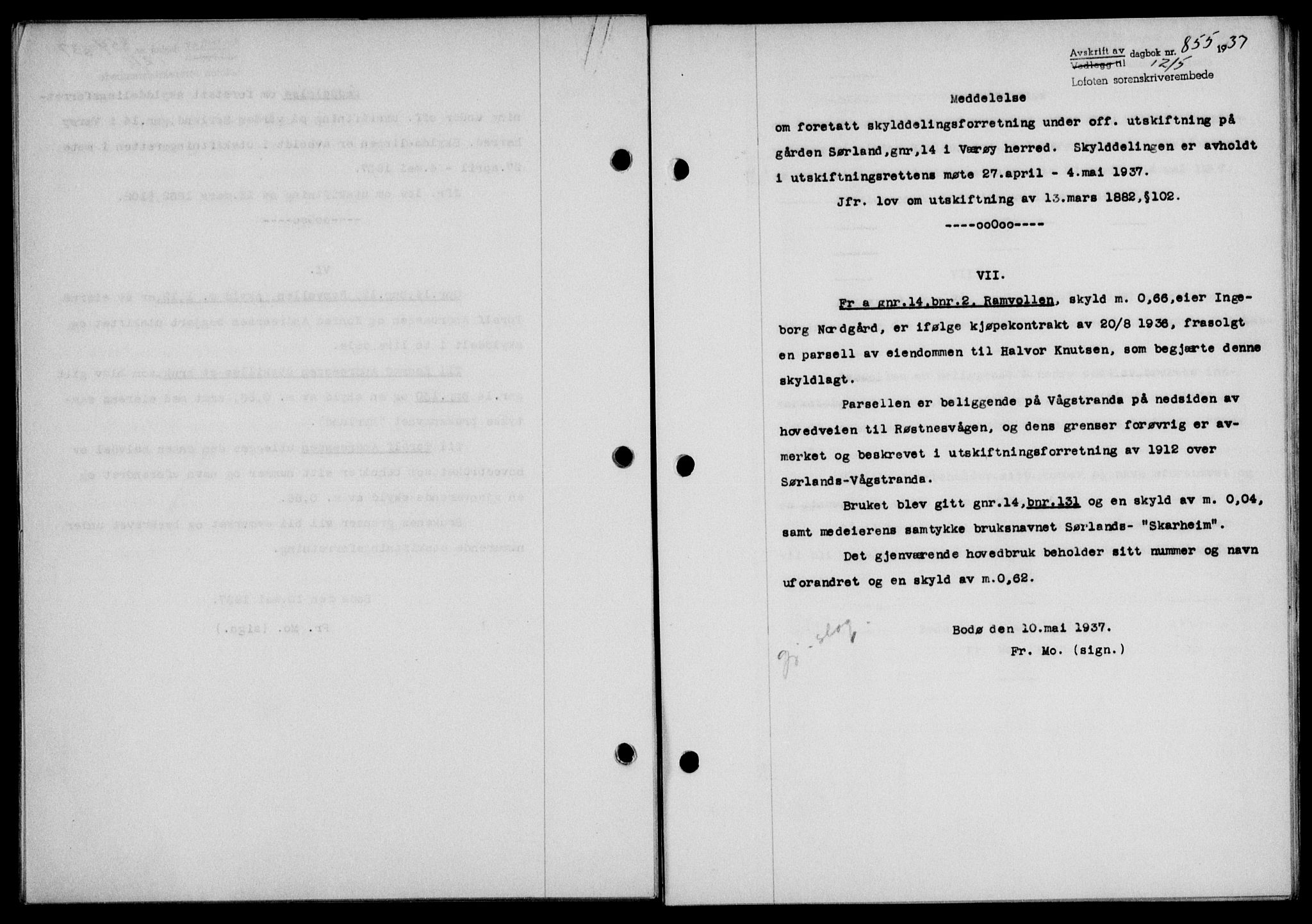 Lofoten sorenskriveri, SAT/A-0017/1/2/2C/L0002a: Mortgage book no. 2a, 1937-1937, Diary no: : 855/1937