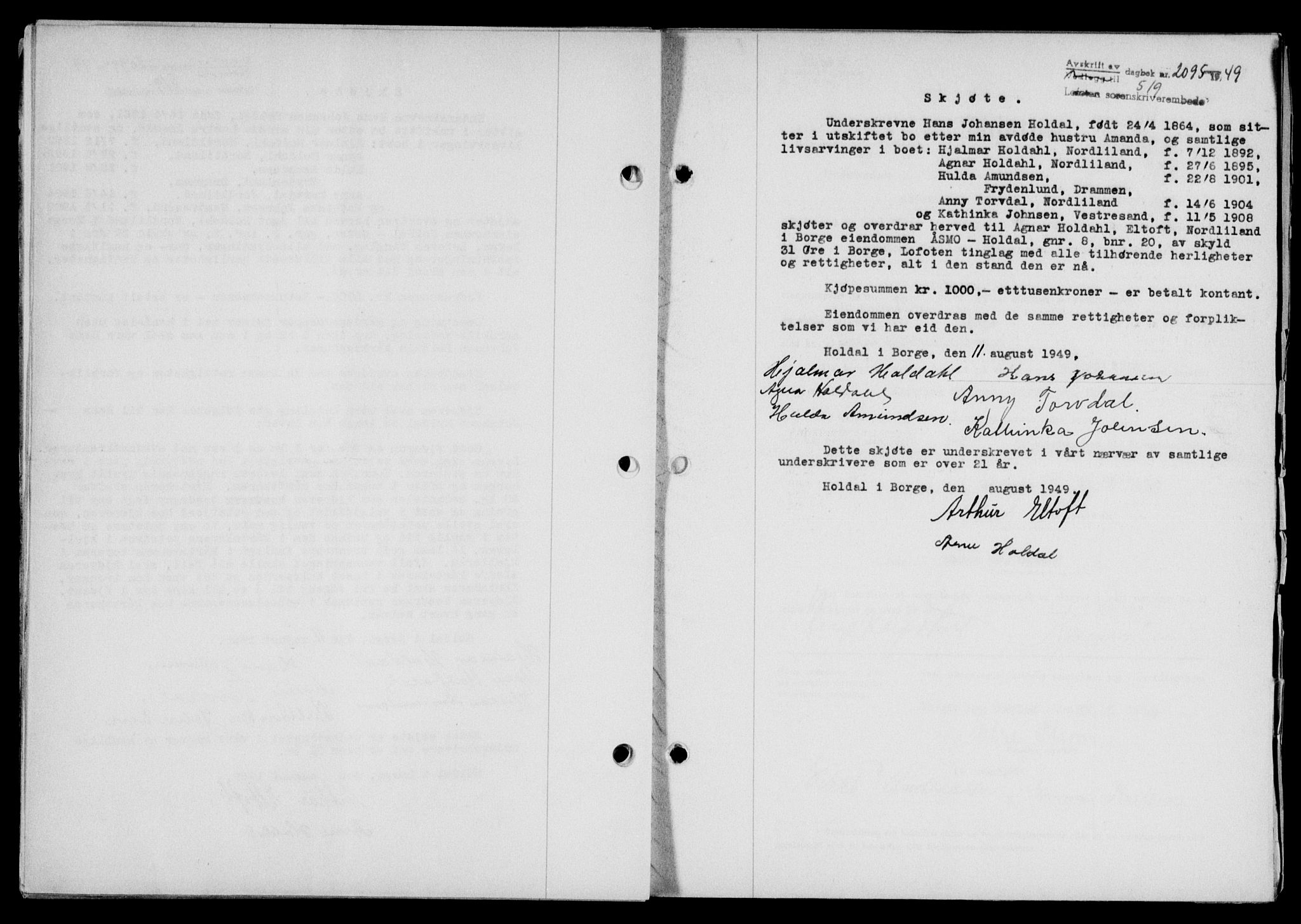 Lofoten sorenskriveri, SAT/A-0017/1/2/2C/L0021a: Mortgage book no. 21a, 1949-1949, Diary no: : 2095/1949