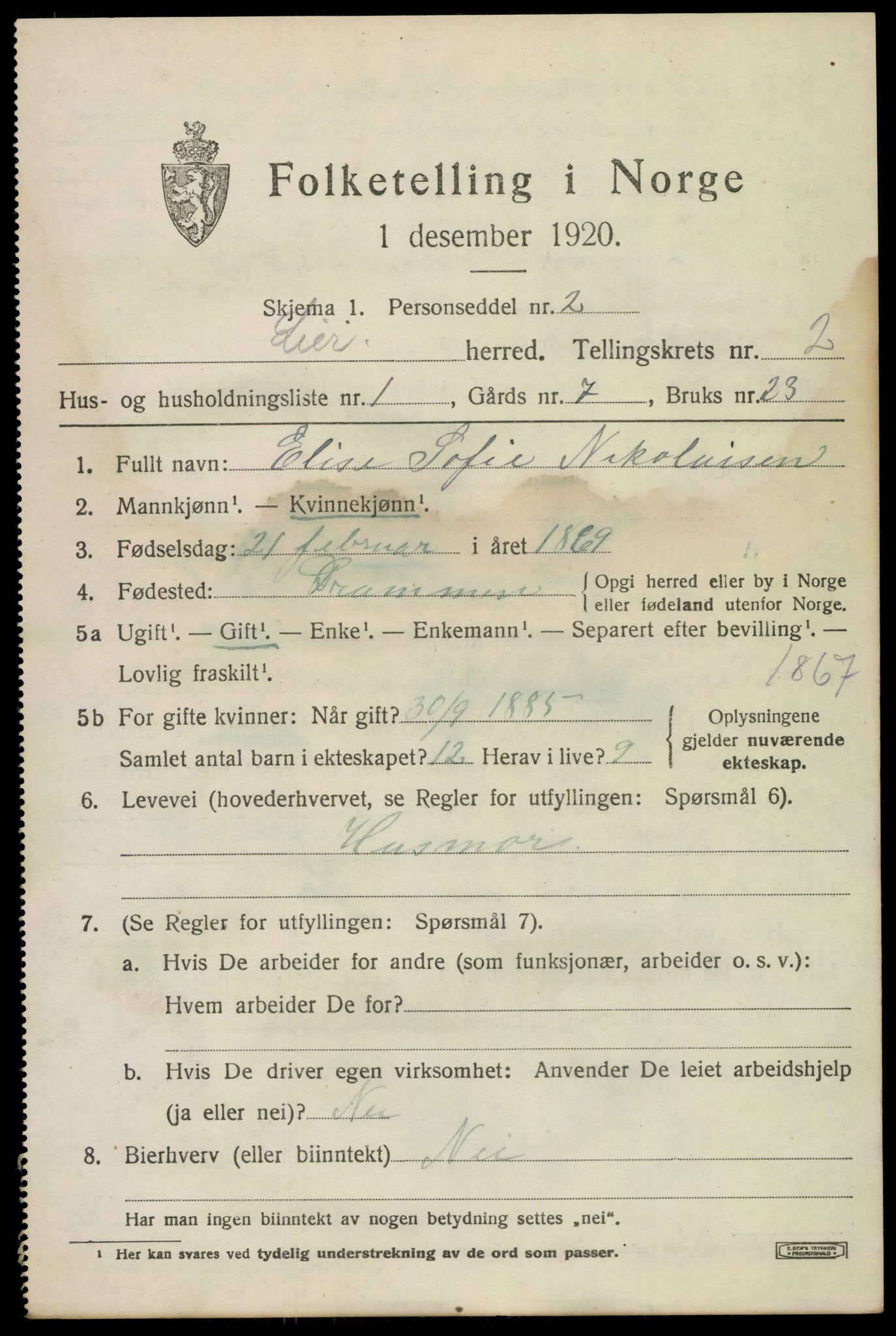 SAKO, 1920 census for Lier, 1920, p. 4292