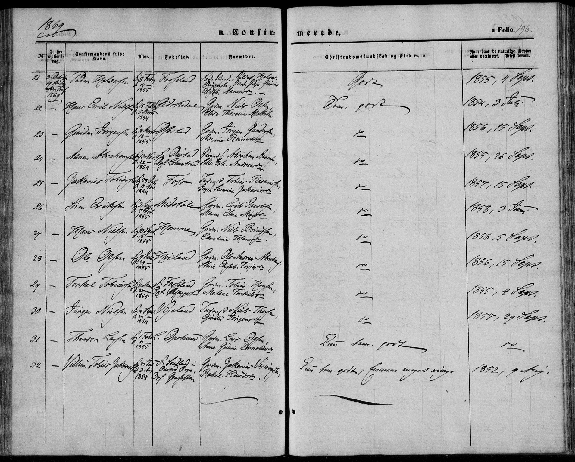 Sør-Audnedal sokneprestkontor, AV/SAK-1111-0039/F/Fa/Fab/L0007: Parish register (official) no. A 7, 1855-1876, p. 196