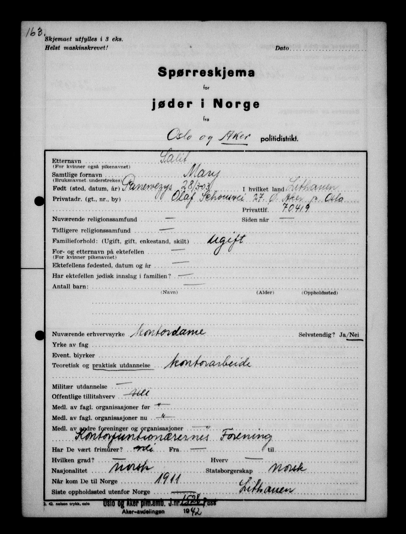 Statspolitiet - Hovedkontoret / Osloavdelingen, AV/RA-S-1329/G/Ga/L0012: Spørreskjema for jøder i Norge. 1: Aker 114- 207 (Levinson-Wozak) og 656 (Salomon). 2: Arendal-Hordaland. 3: Horten-Romerike.  , 1942, p. 150