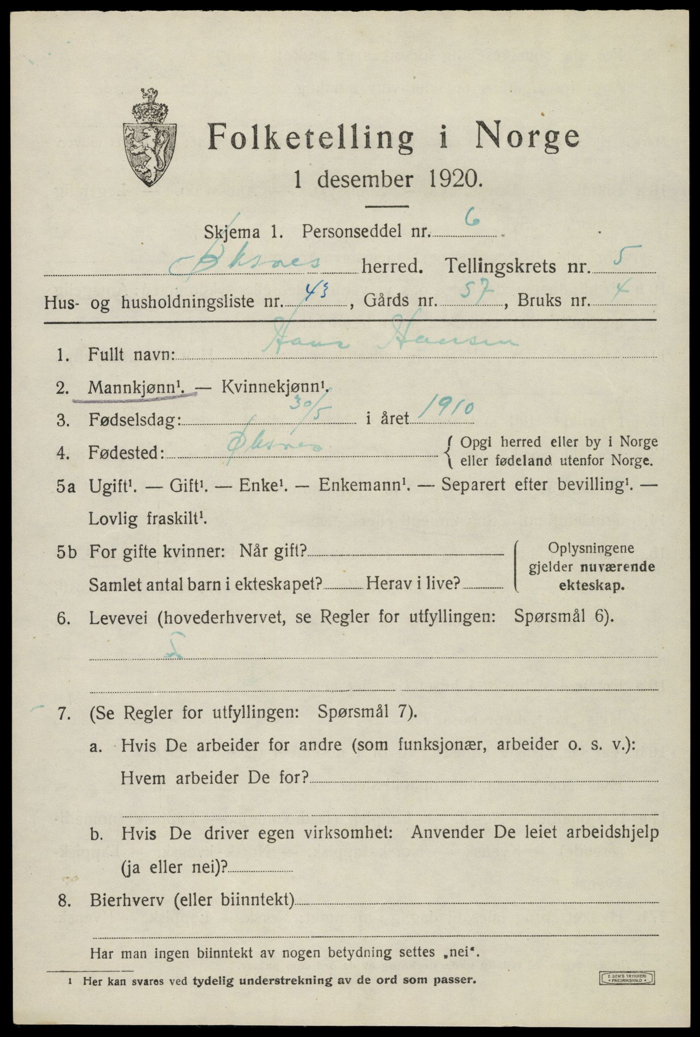 SAT, 1920 census for Øksnes, 1920, p. 4406