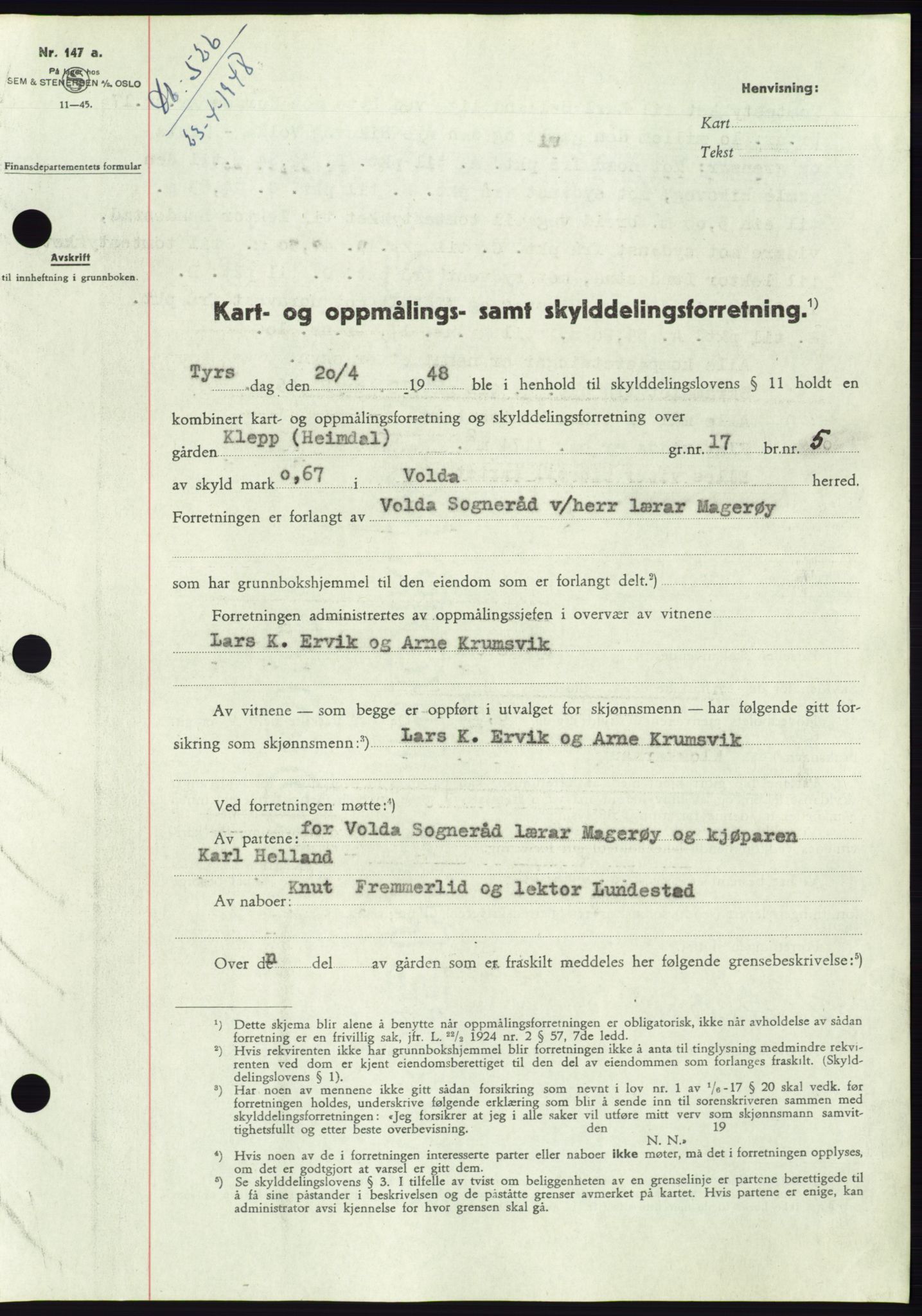 Søre Sunnmøre sorenskriveri, AV/SAT-A-4122/1/2/2C/L0082: Mortgage book no. 8A, 1948-1948, Diary no: : 526/1948