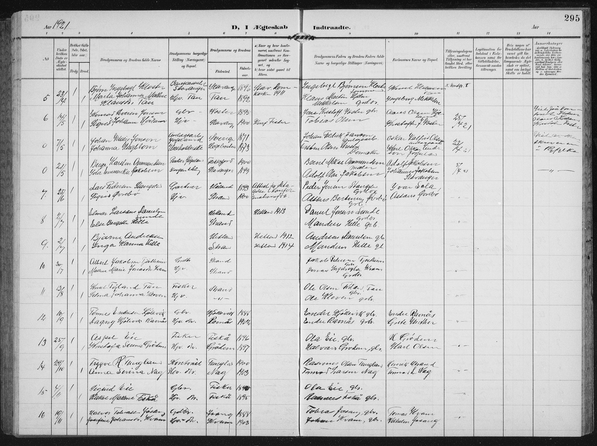 Strand sokneprestkontor, AV/SAST-A-101828/H/Ha/Hab/L0005: Parish register (copy) no. B 5, 1904-1934, p. 295