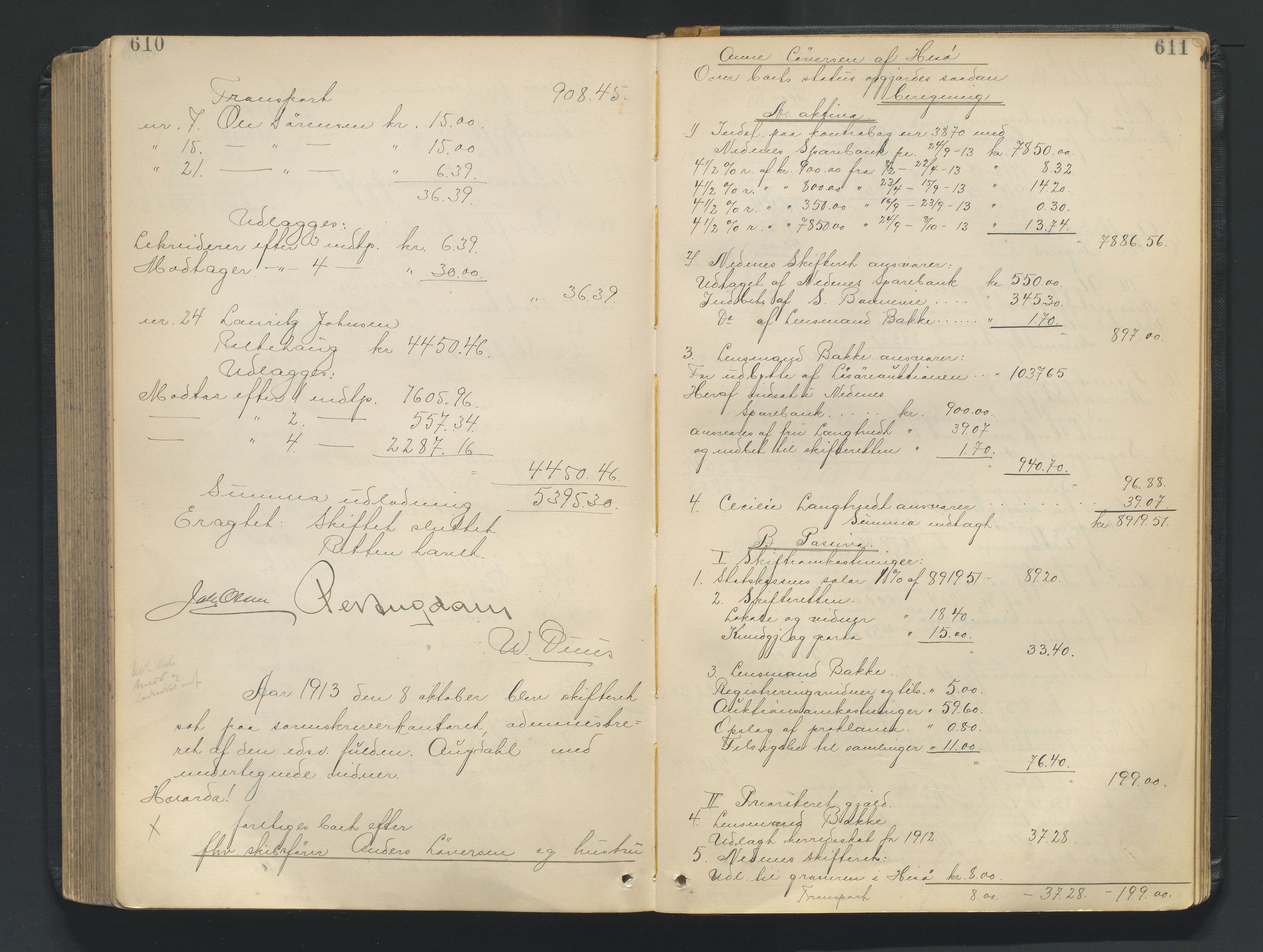 Nedenes sorenskriveri, AV/SAK-1221-0006/H/Hc/L0020: Skifteutlodningsprotokoll nr 6 med register, 1904-1913, p. 610-611