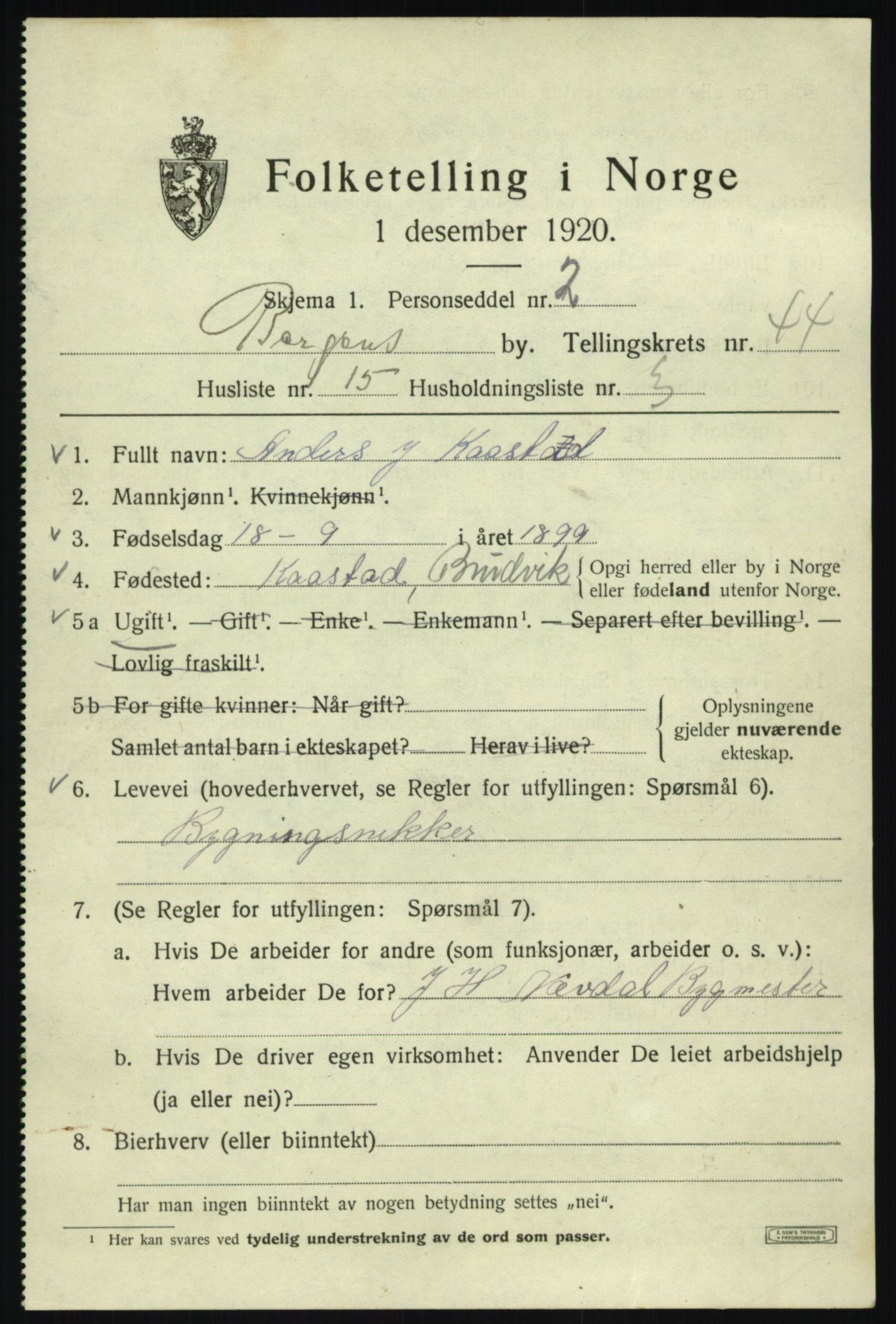 SAB, 1920 census for Bergen, 1920, p. 112831