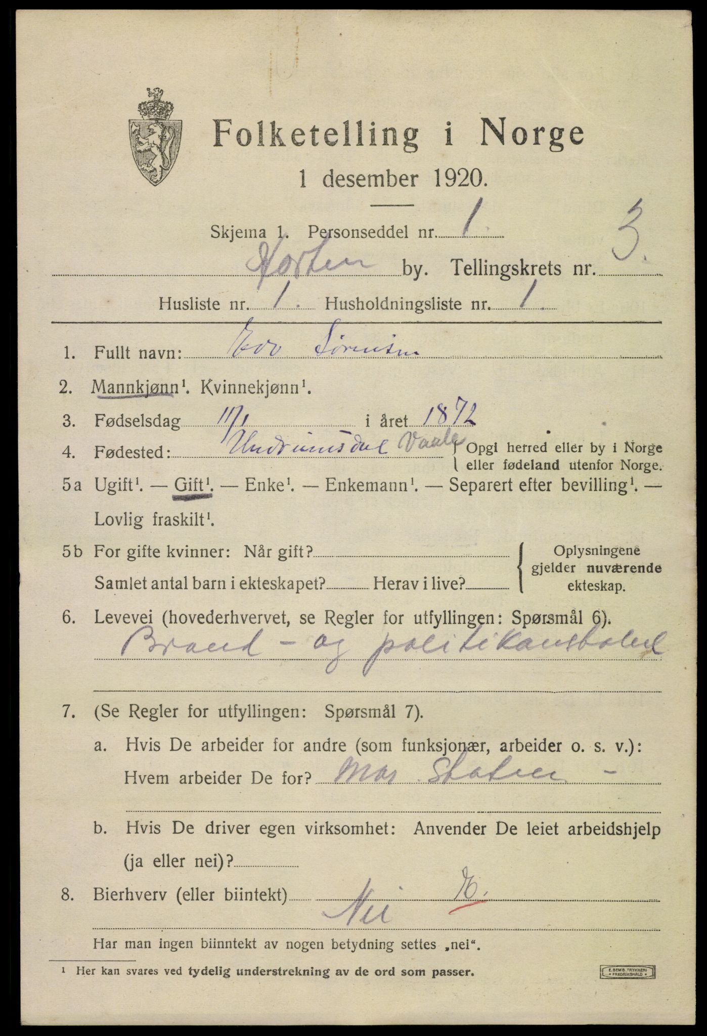 SAKO, 1920 census for Horten, 1920, p. 13459