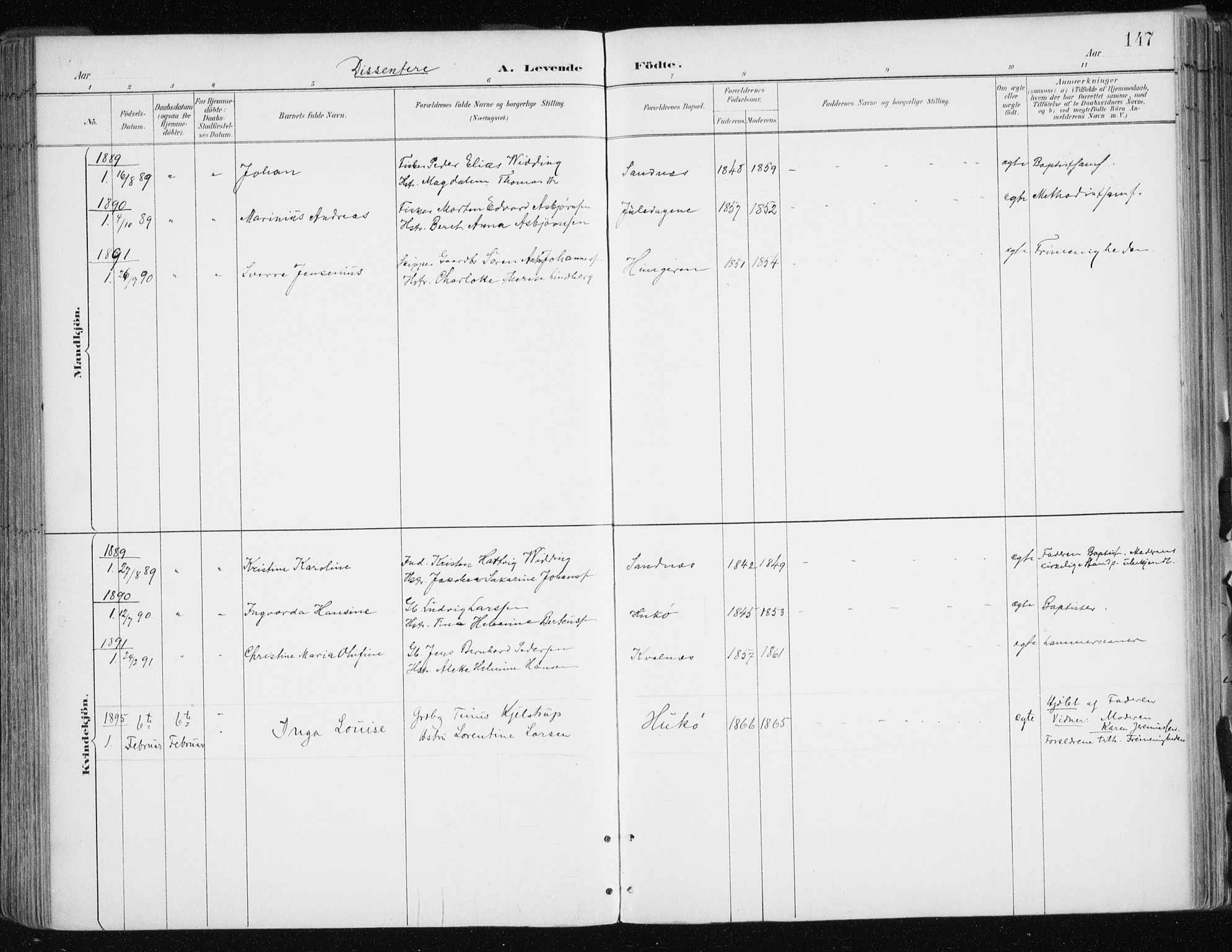 Tromsøysund sokneprestkontor, SATØ/S-1304/G/Ga/L0005kirke: Parish register (official) no. 5, 1888-1896, p. 147