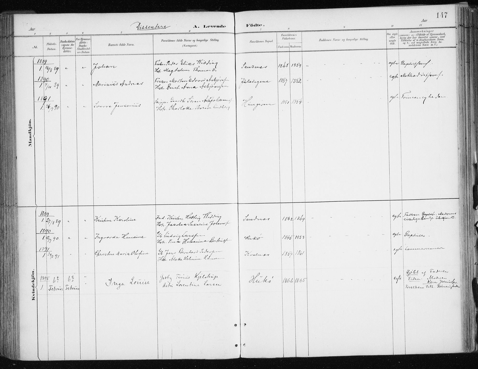 Tromsøysund sokneprestkontor, AV/SATØ-S-1304/G/Ga/L0005kirke: Parish register (official) no. 5, 1888-1896, p. 147