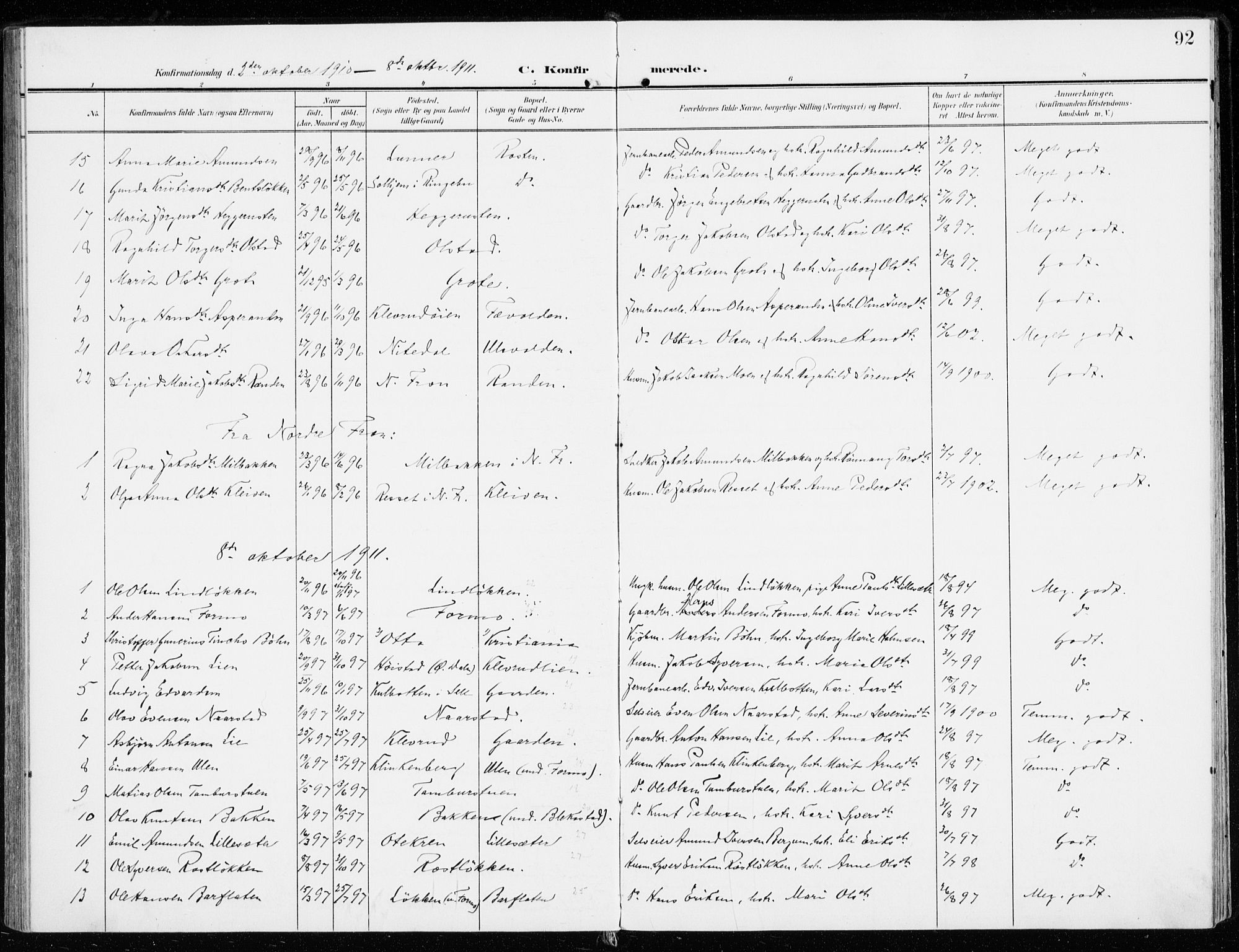 Sel prestekontor, SAH/PREST-074/H/Ha/Haa/L0002: Parish register (official) no. 2, 1905-1919, p. 92