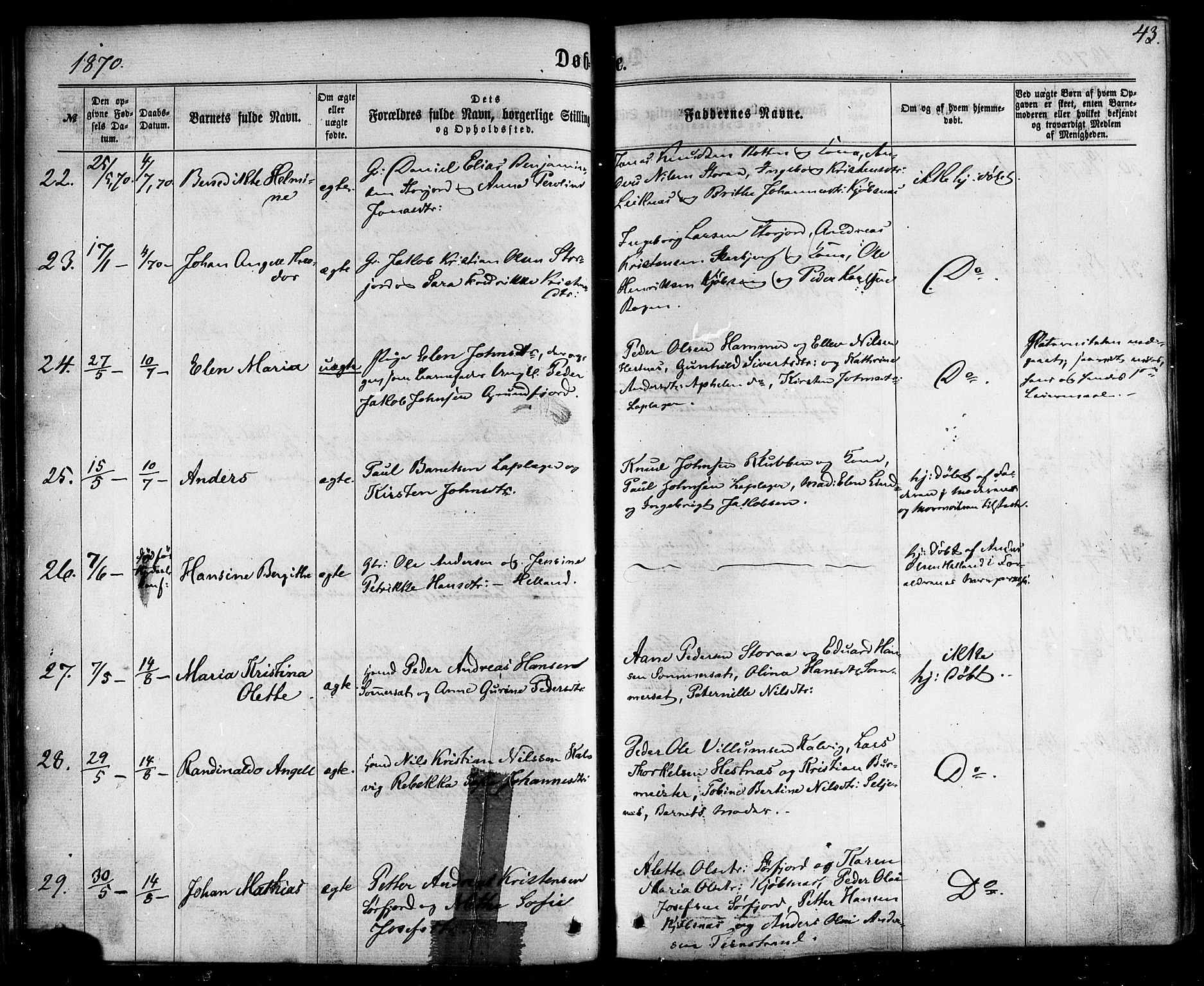 Ministerialprotokoller, klokkerbøker og fødselsregistre - Nordland, AV/SAT-A-1459/861/L0867: Parish register (official) no. 861A02, 1864-1878, p. 43