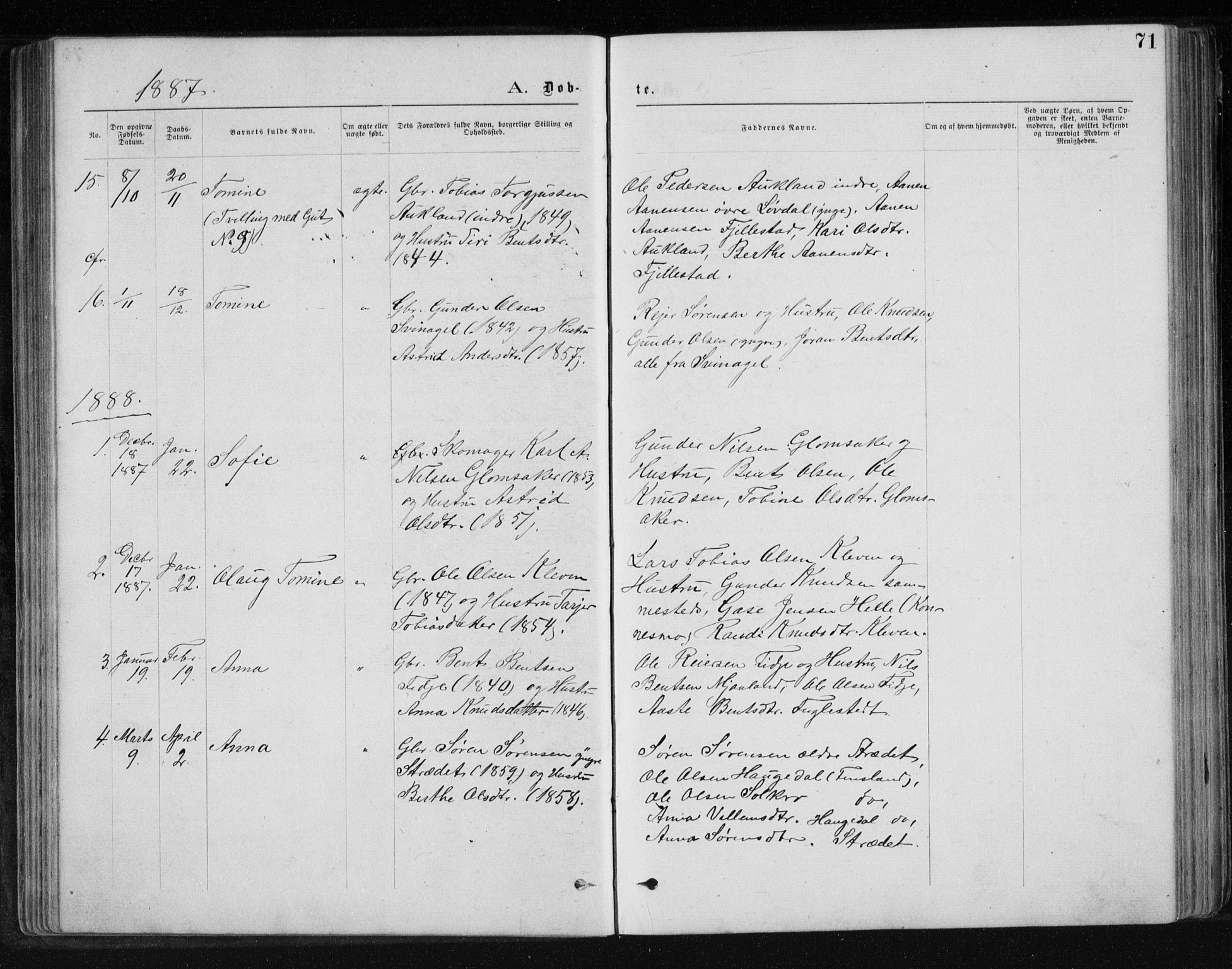 Holum sokneprestkontor, SAK/1111-0022/F/Fb/Fbb/L0003: Parish register (copy) no. B 3, 1875-1898, p. 71