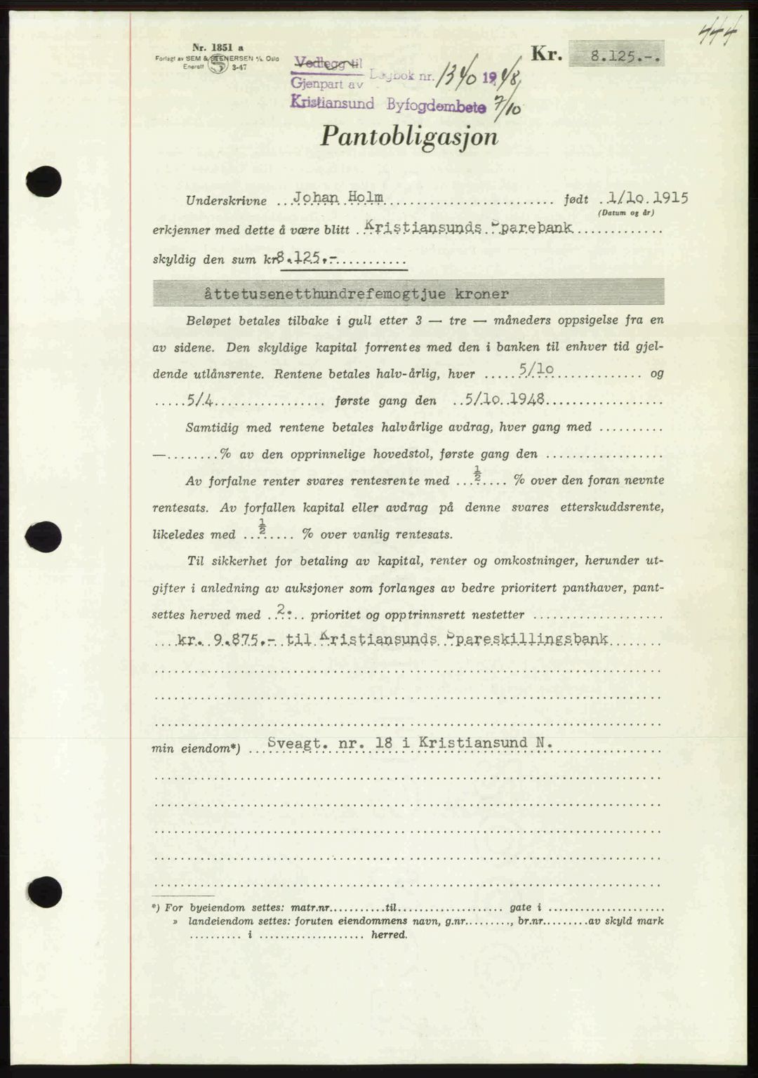 Kristiansund byfogd, AV/SAT-A-4587/A/27: Mortgage book no. 44, 1947-1948, Diary no: : 1340/1948