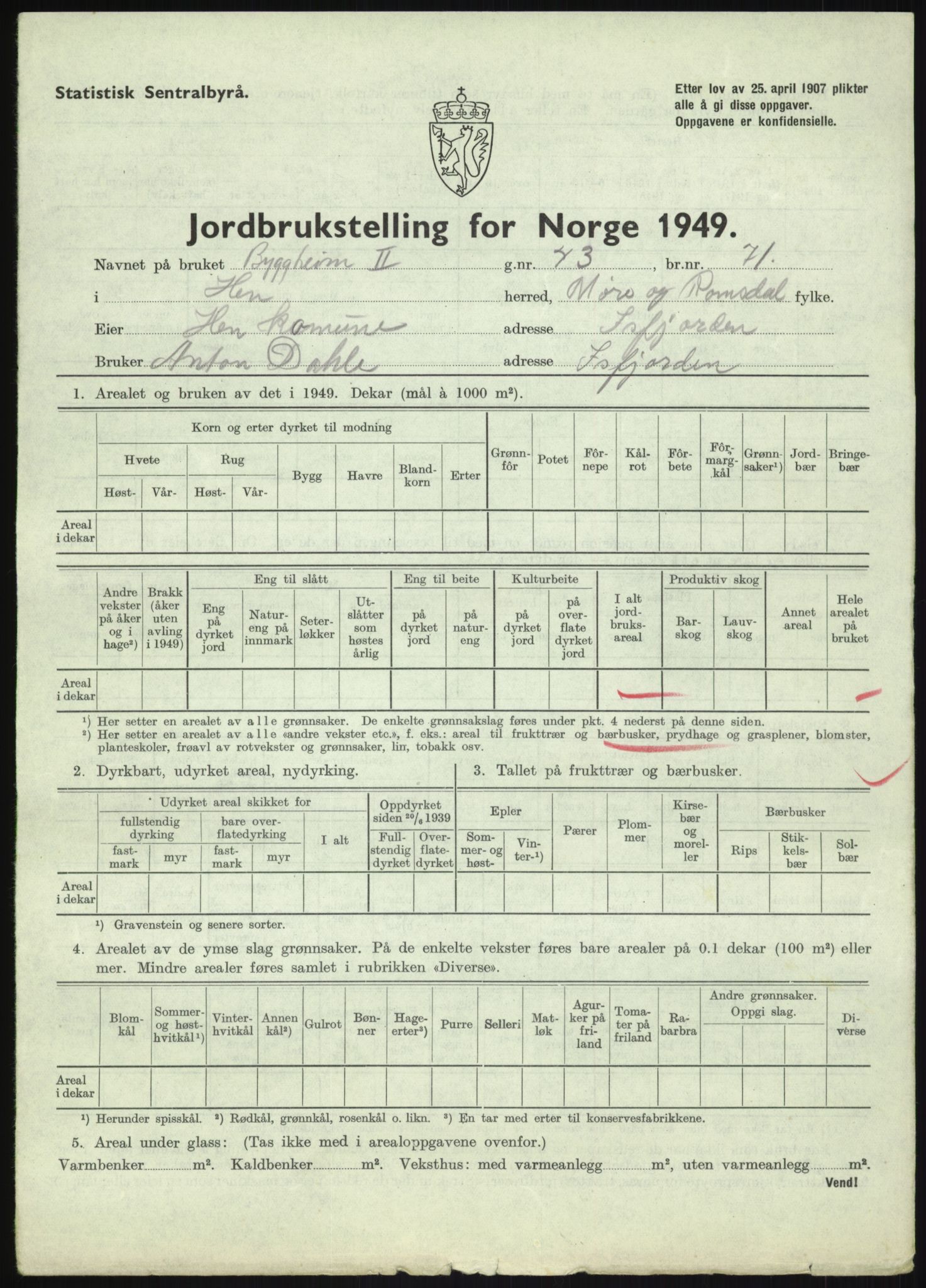 Statistisk sentralbyrå, Næringsøkonomiske emner, Jordbruk, skogbruk, jakt, fiske og fangst, AV/RA-S-2234/G/Gc/L0323: Møre og Romsdal: Grytten og Hen, 1949, p. 381