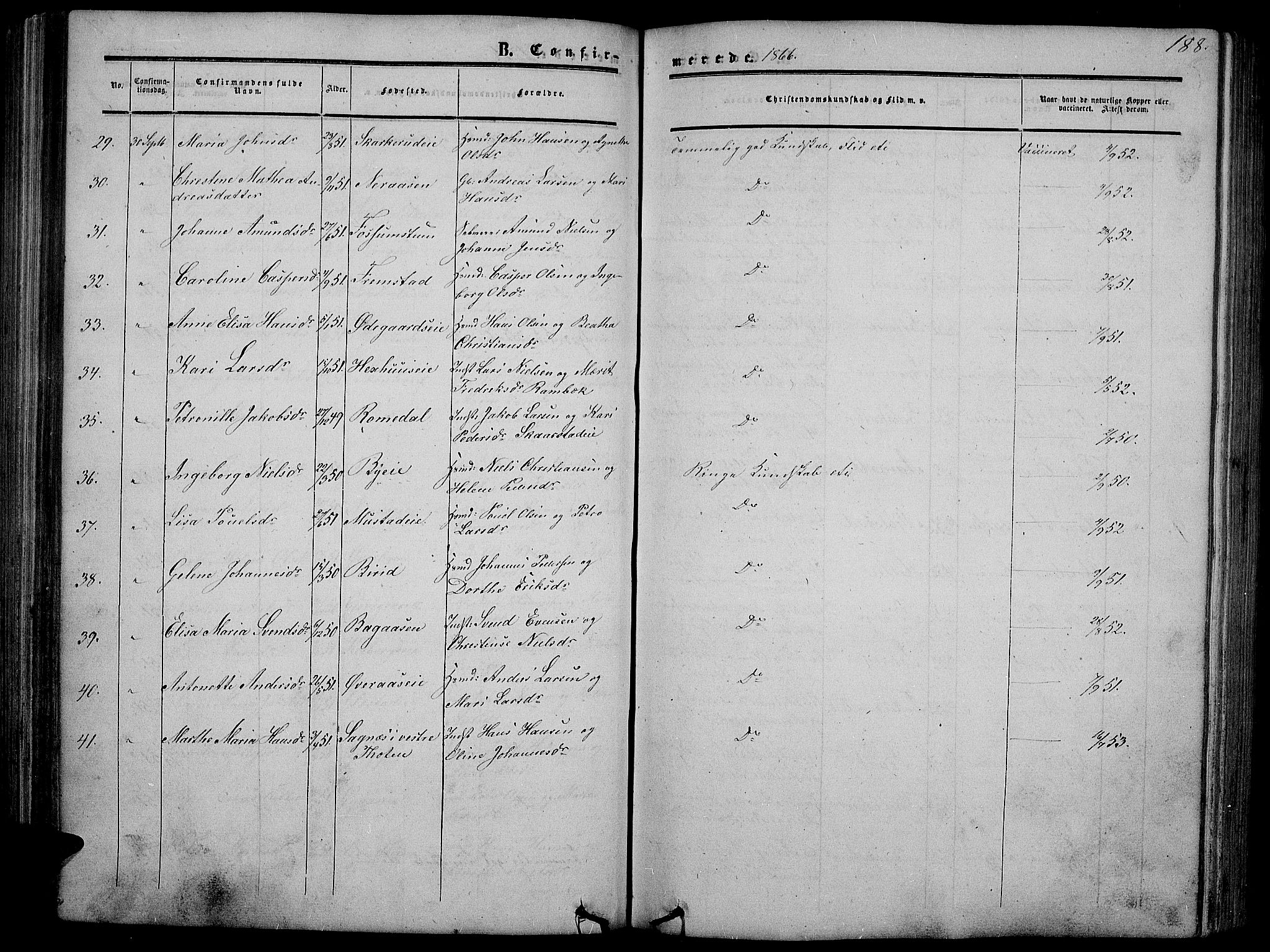 Vardal prestekontor, SAH/PREST-100/H/Ha/Hab/L0005: Parish register (copy) no. 5, 1854-1868, p. 188