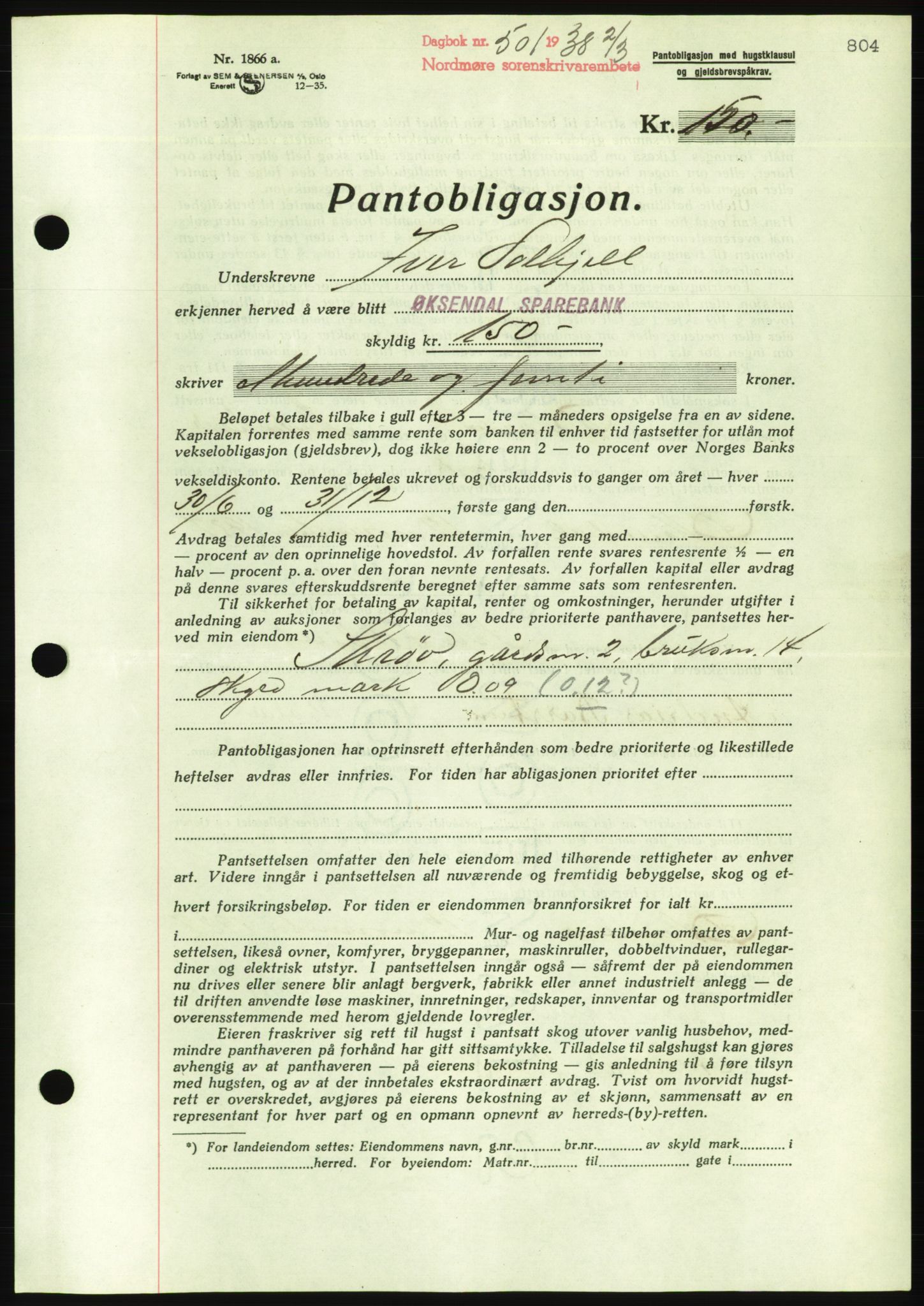 Nordmøre sorenskriveri, AV/SAT-A-4132/1/2/2Ca/L0092: Mortgage book no. B82, 1937-1938, Diary no: : 501/1938