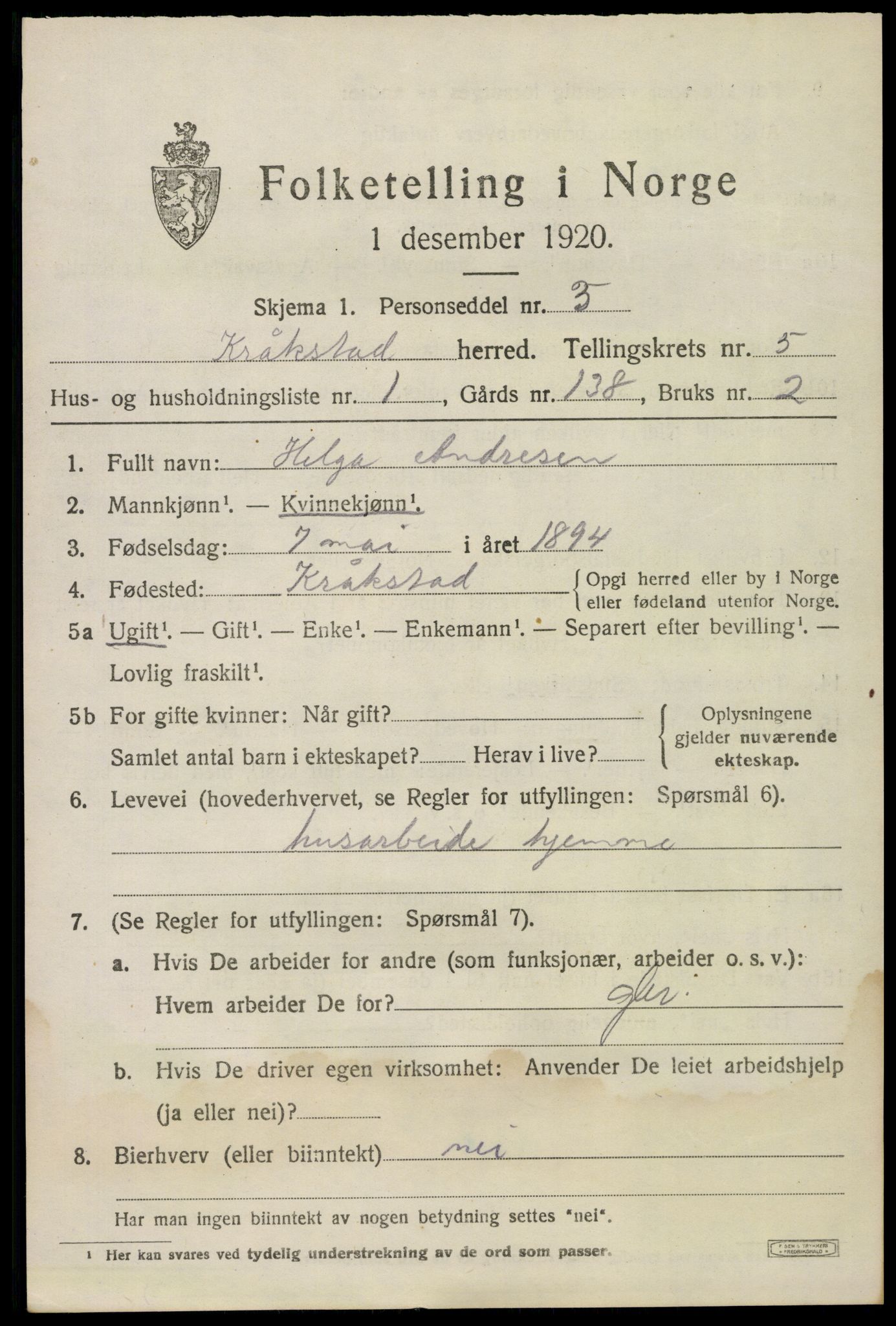 SAO, 1920 census for Kråkstad, 1920, p. 4805