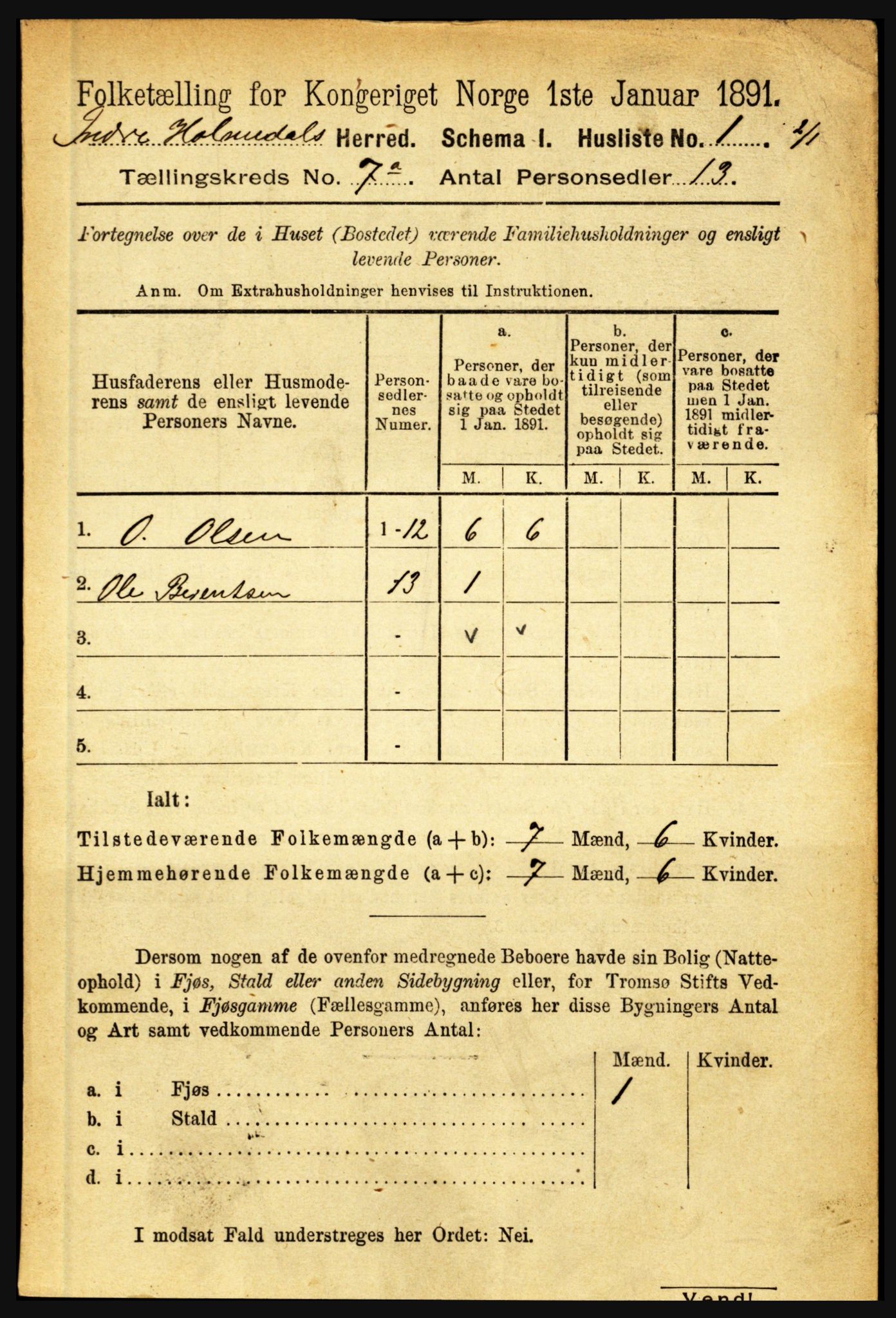 RA, 1891 census for 1430 Indre Holmedal, 1891, p. 2886