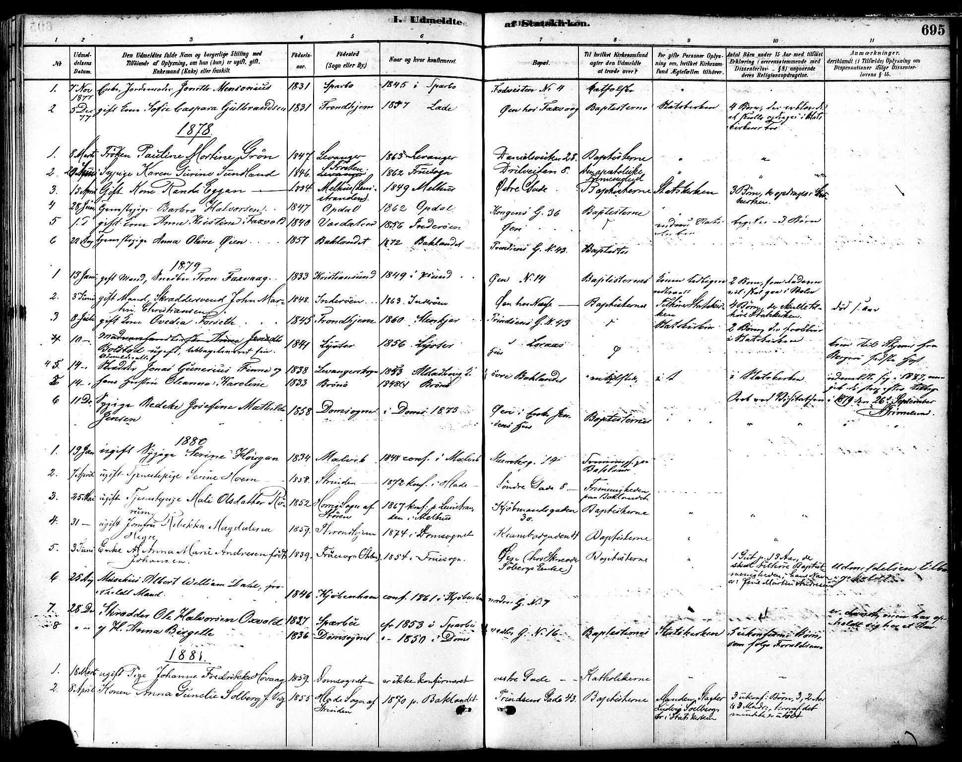 Ministerialprotokoller, klokkerbøker og fødselsregistre - Sør-Trøndelag, SAT/A-1456/601/L0058: Parish register (official) no. 601A26, 1877-1891, p. 695